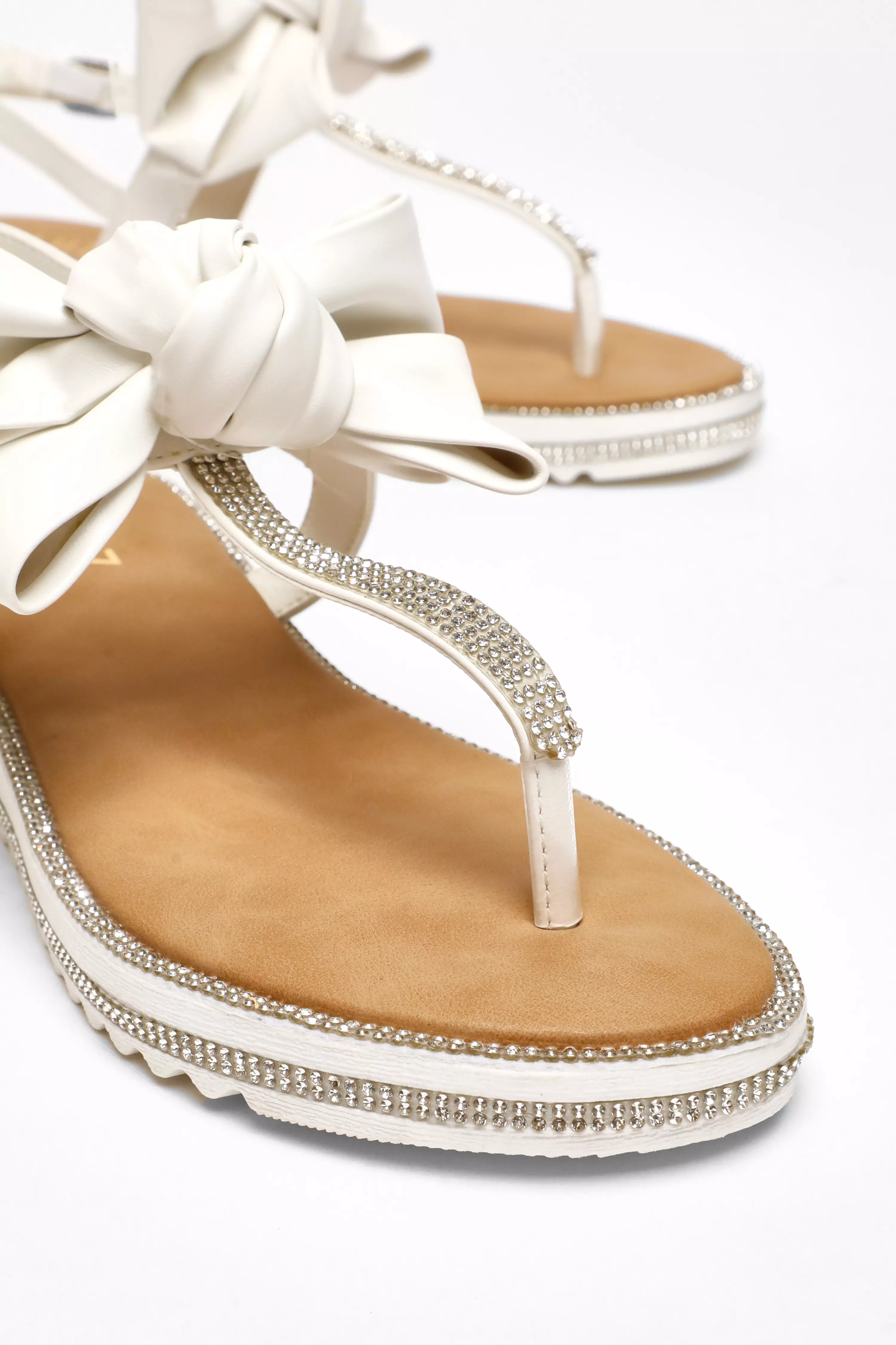 White Faux Leather Bow Flat Sandals