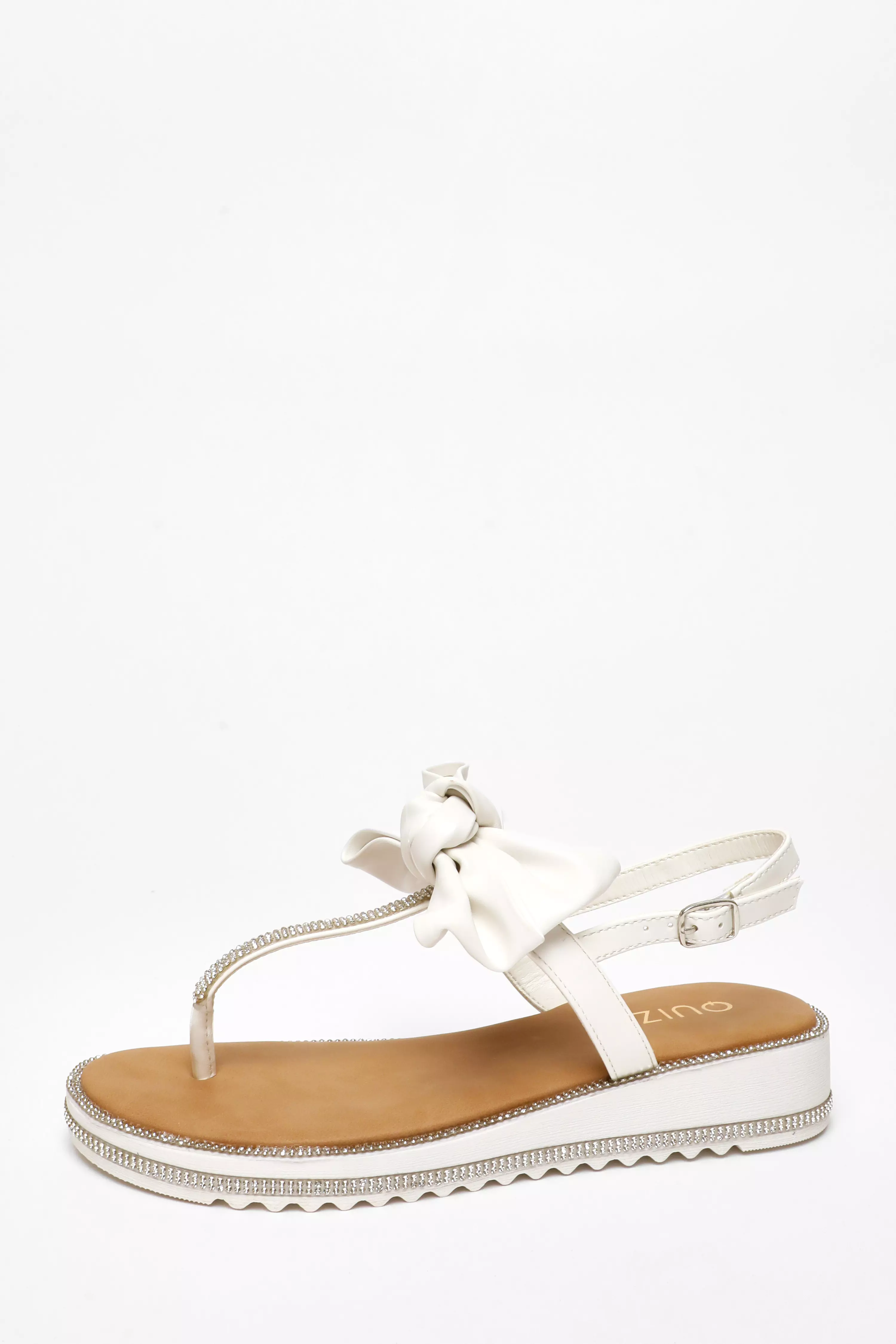 White Faux Leather Bow Flat Sandals