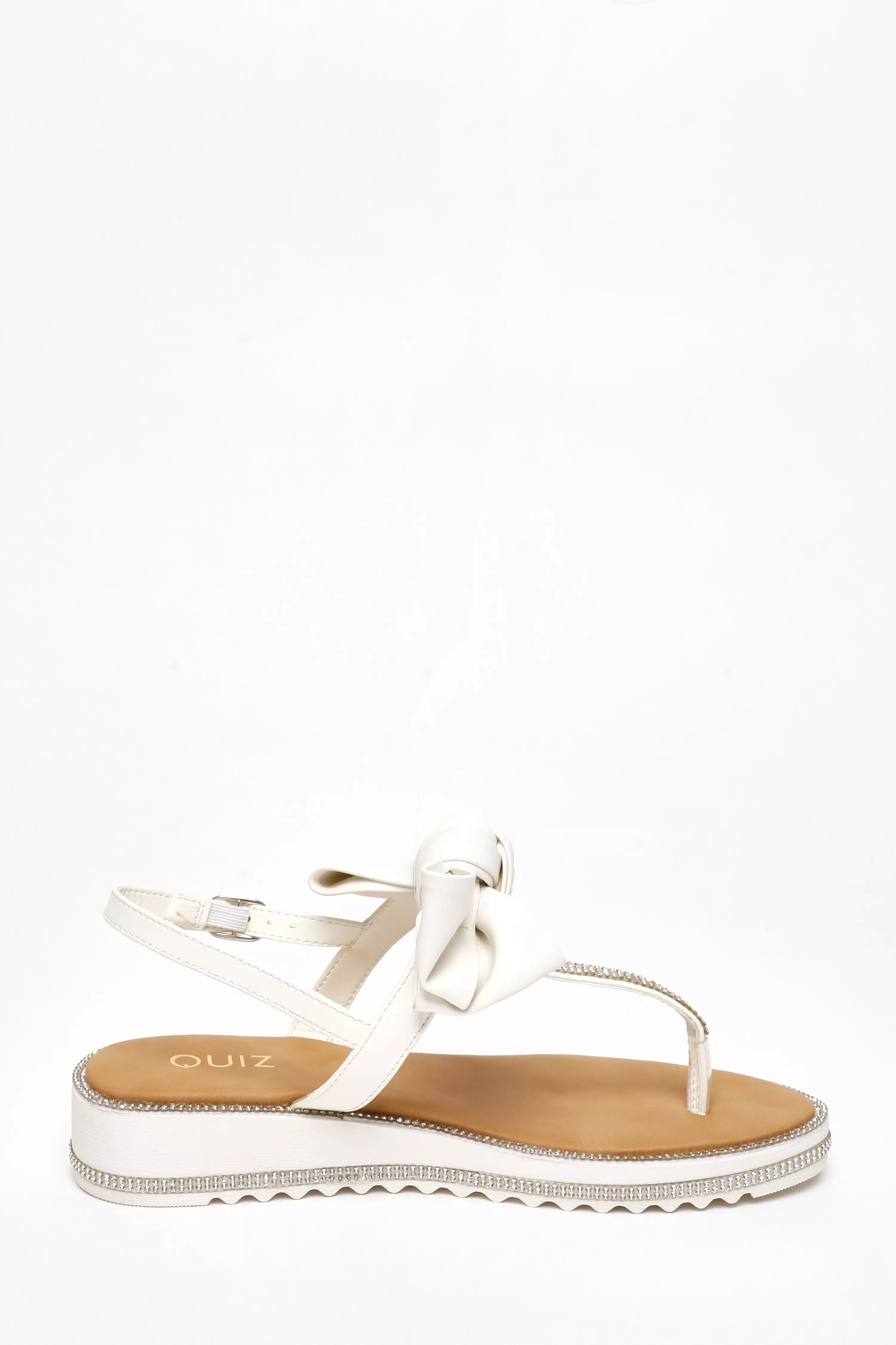 White Faux Leather Bow Flat Sandals