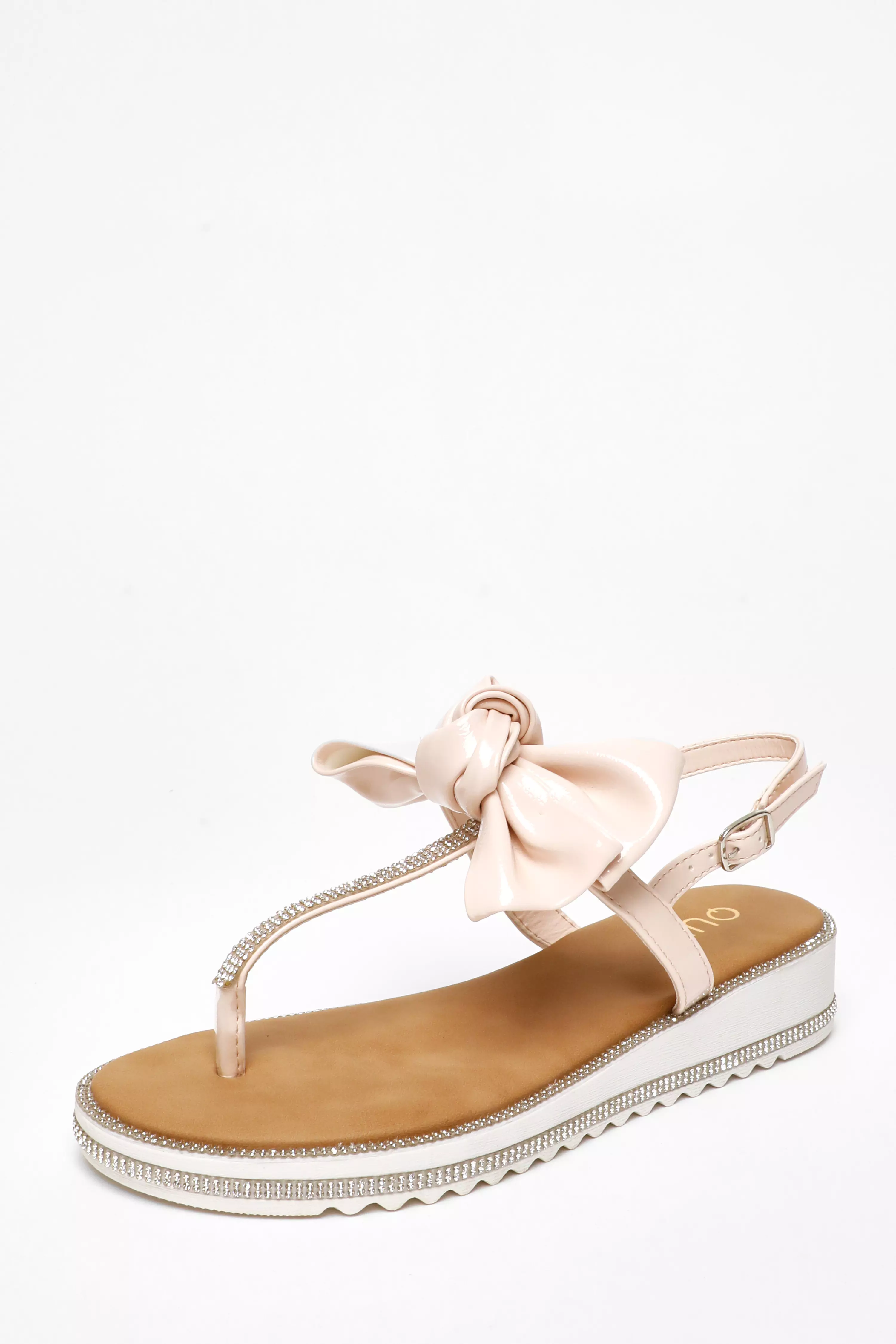 Pink Faux Leather Bow Flat Sandals