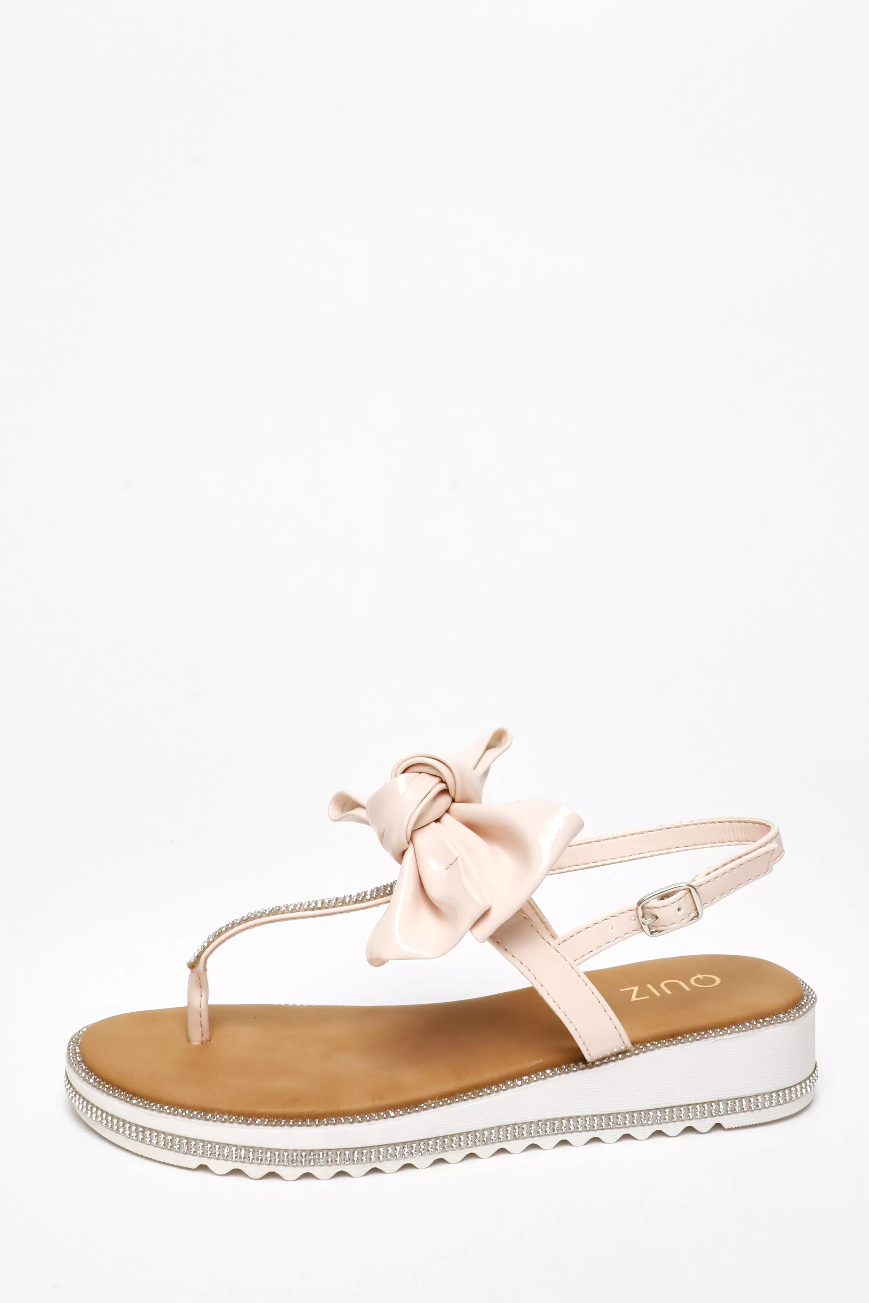 Pink Faux Leather Bow Flat Sandals