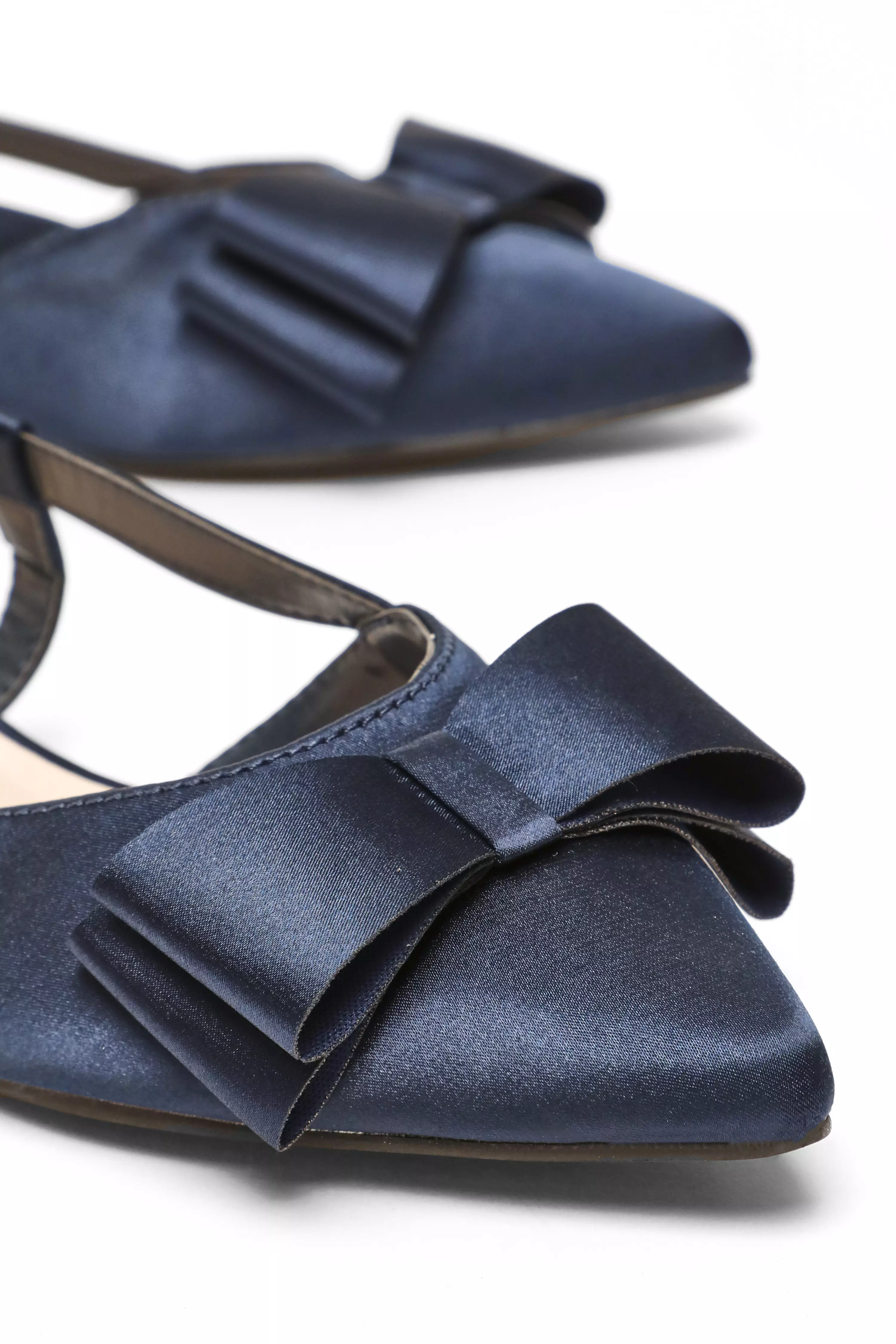 Navy Satin Bow Slingback Flat Pumps