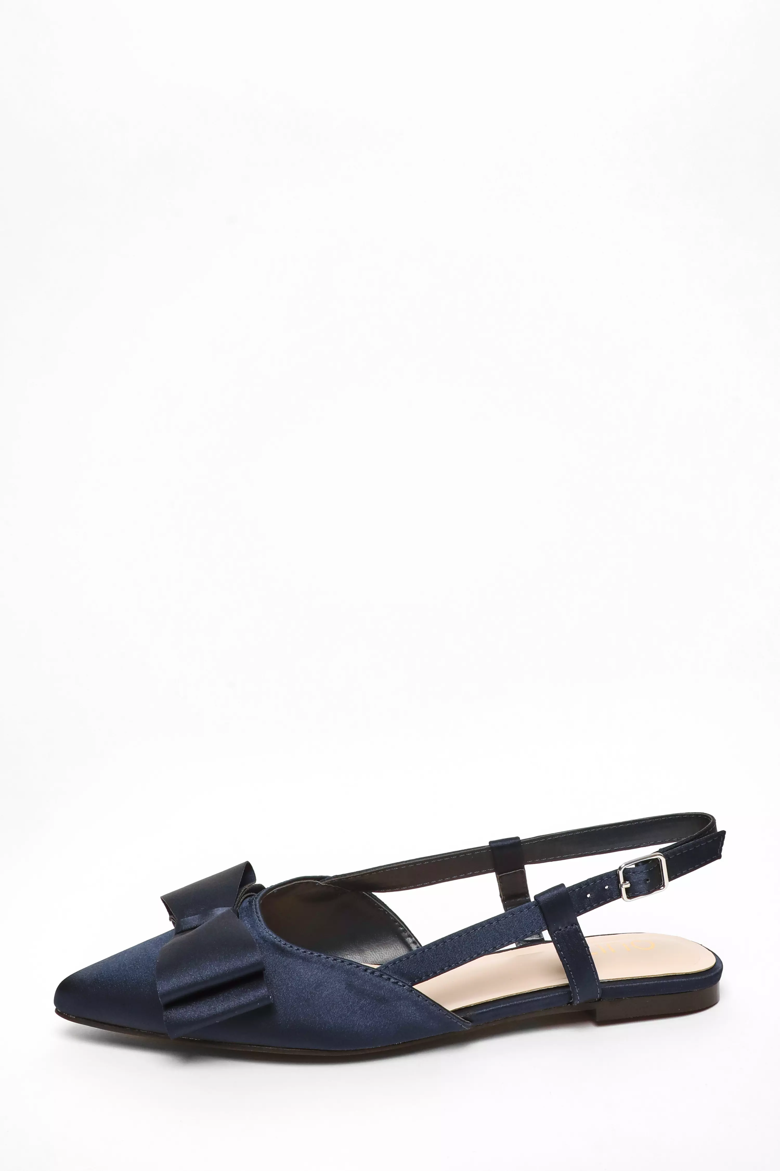 Navy Satin Bow Slingback Flat Pumps