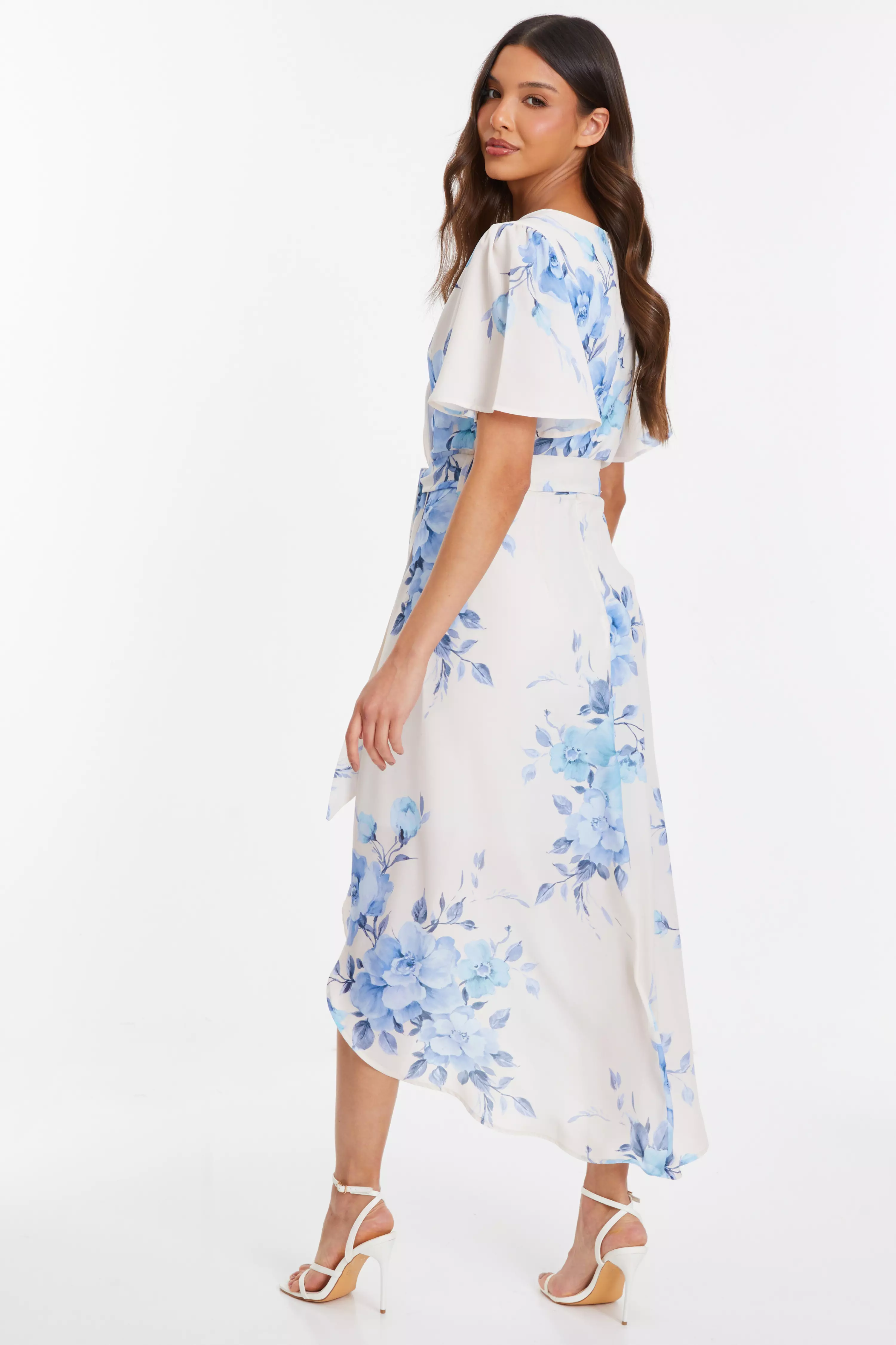 Blue Floral Wrap Midi Tie Dress