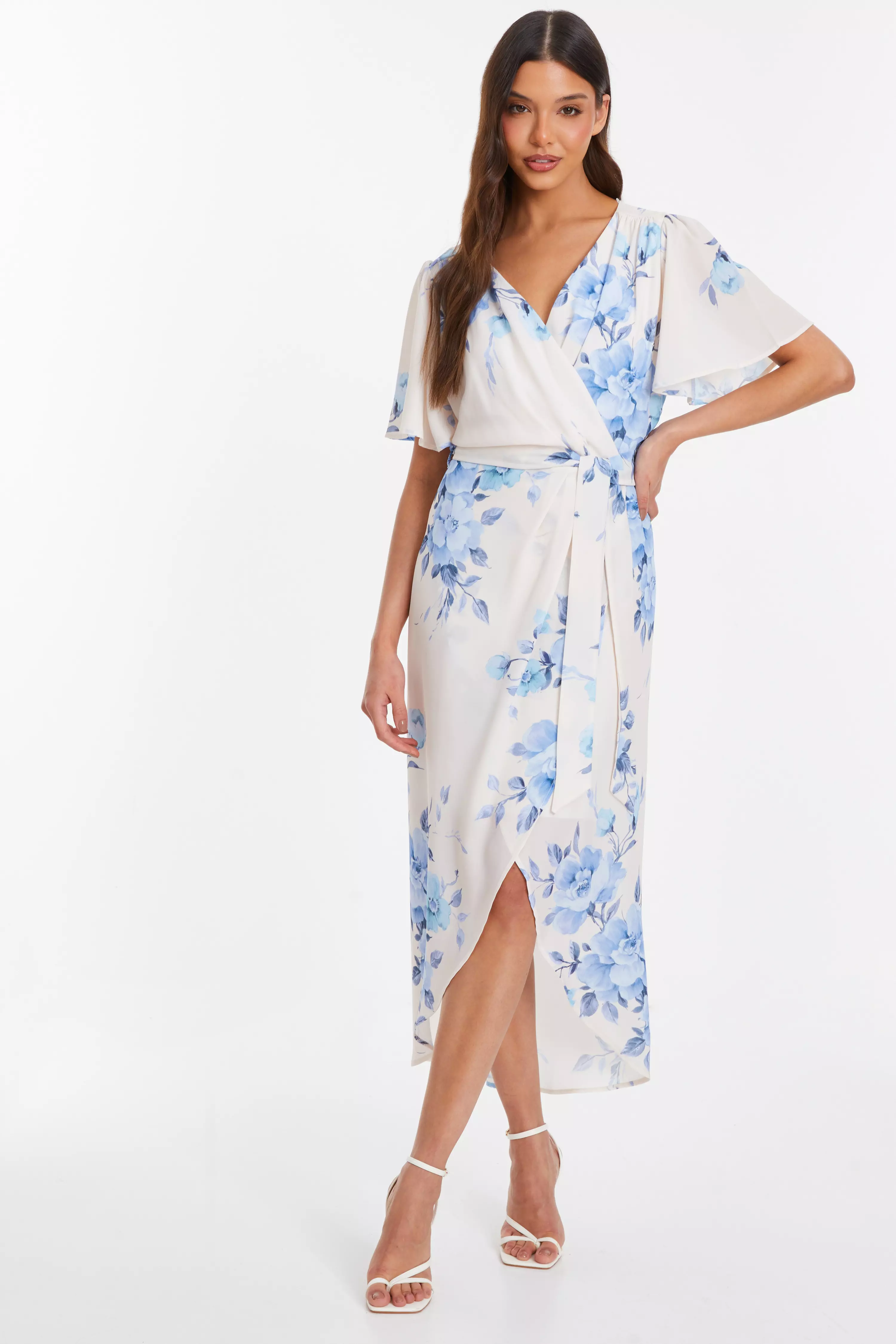 Blue Floral Wrap Midi Tie Dress