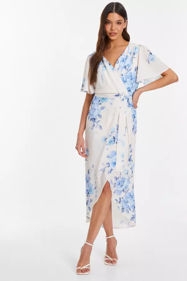 Blue Floral Wrap Midi Tie Dress