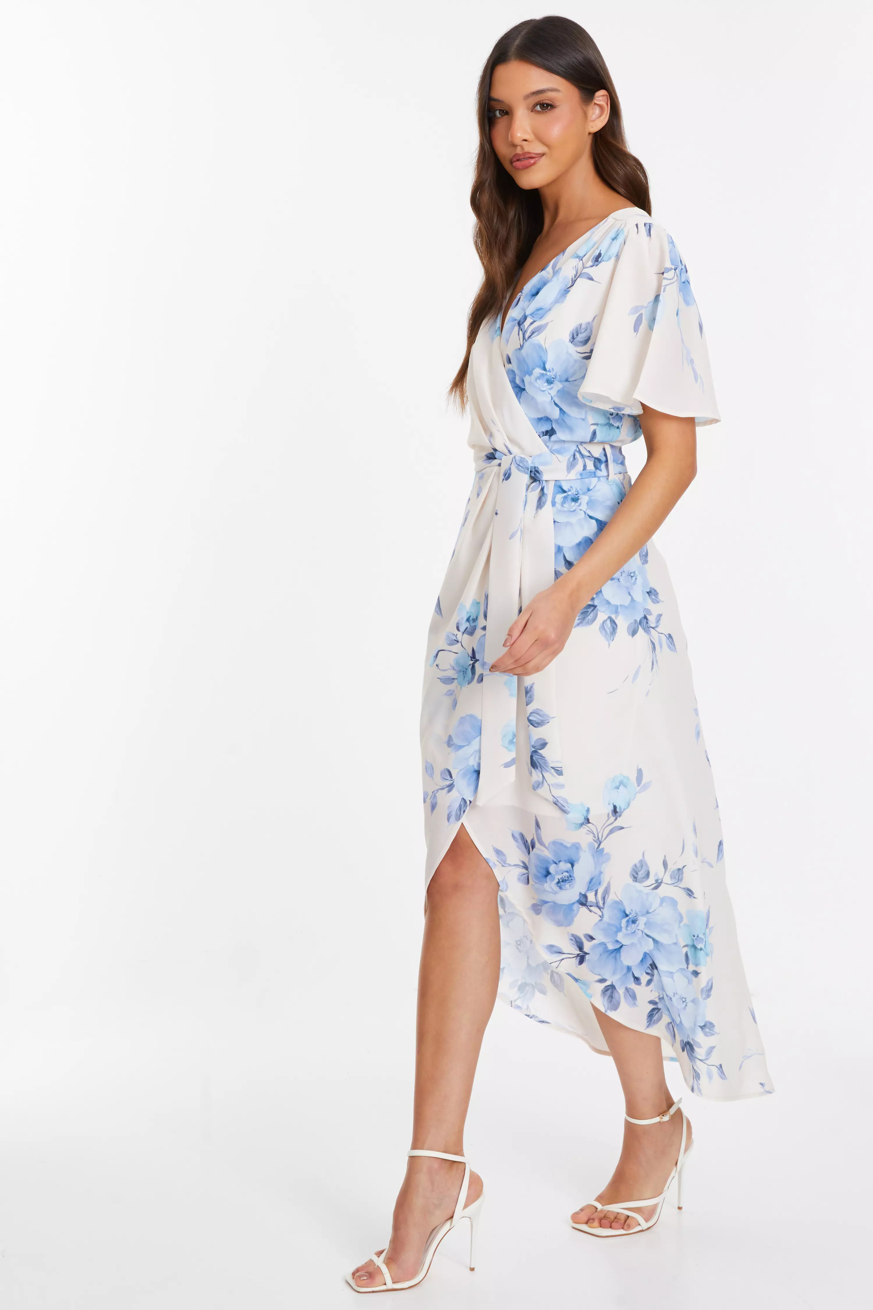 Blue Floral Wrap Midi Tie Dress