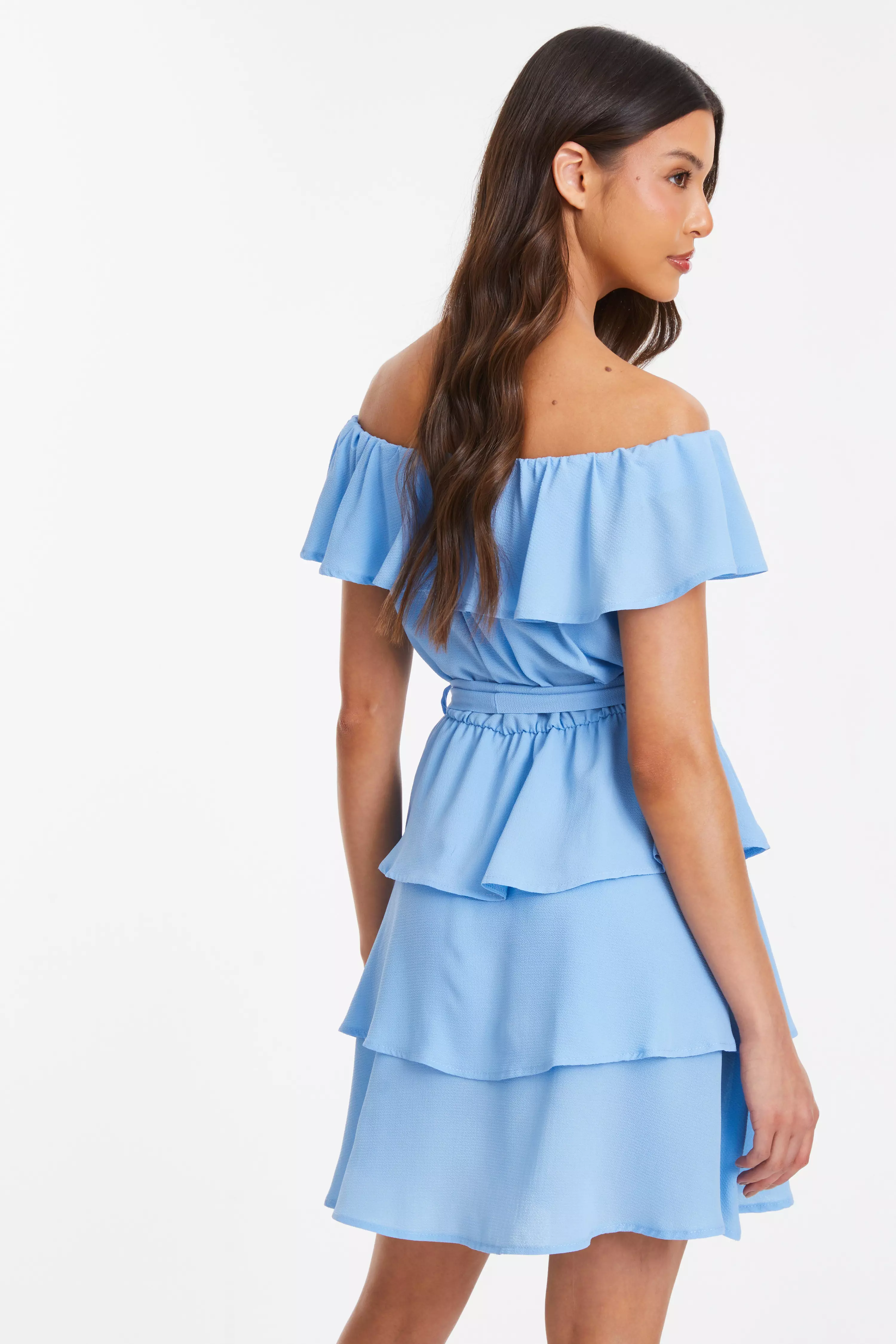 Light Blue Tiered Bardot Mini Dress