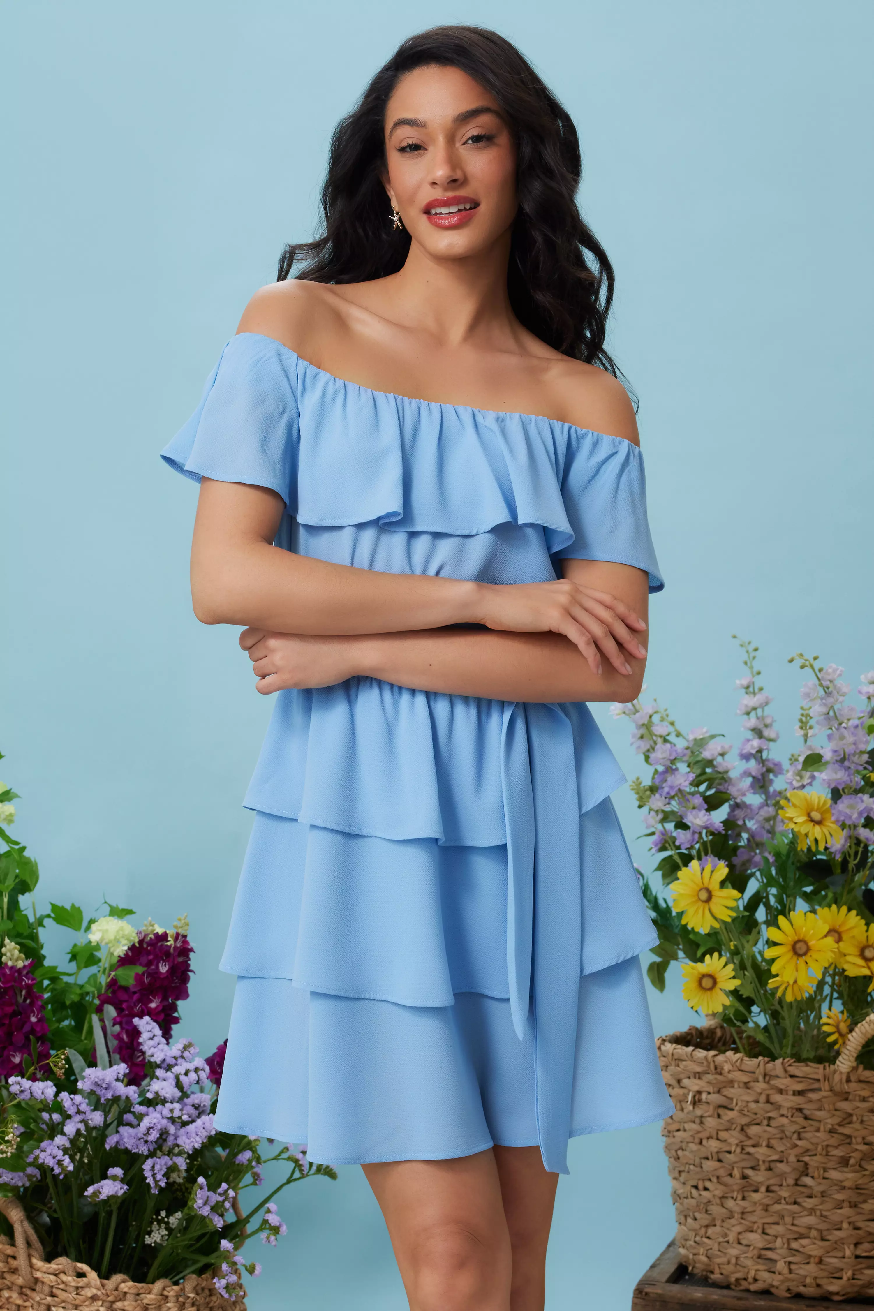 Light Blue Tiered Bardot Mini Dress