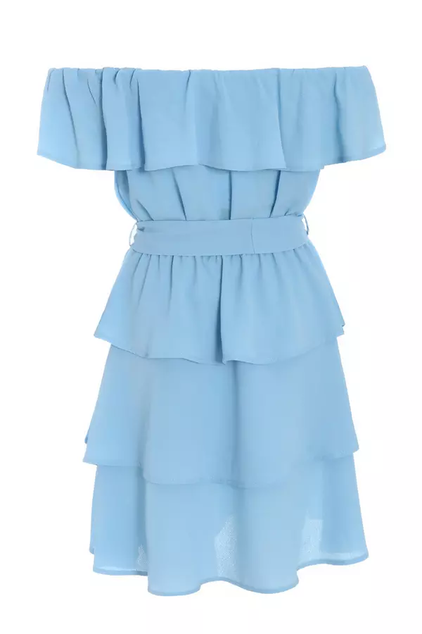 Light Blue Tiered Bardot Mini Dress