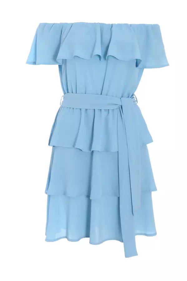 Light Blue Tiered Bardot Mini Dress