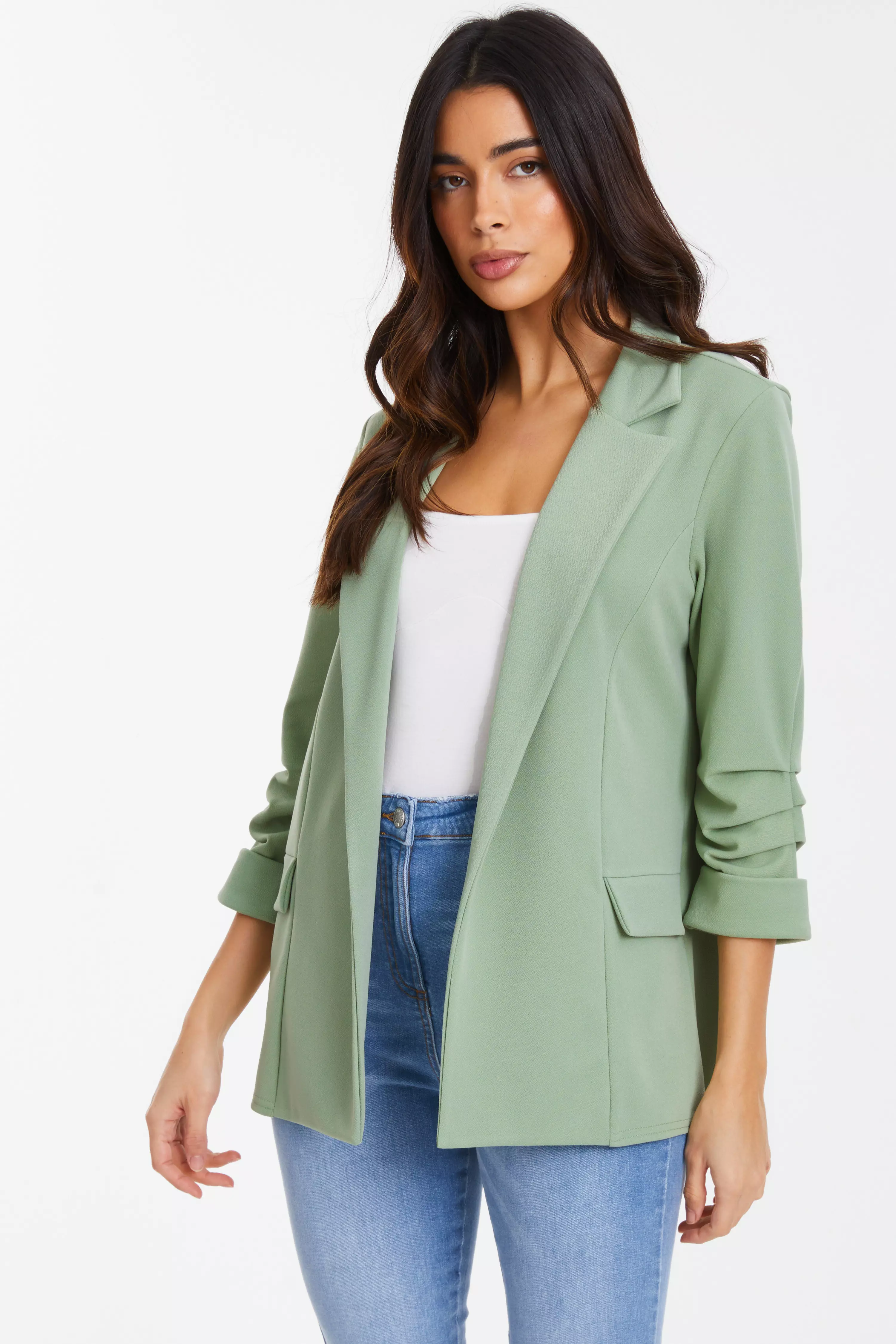 Sage Ruched Sleeve Blazer