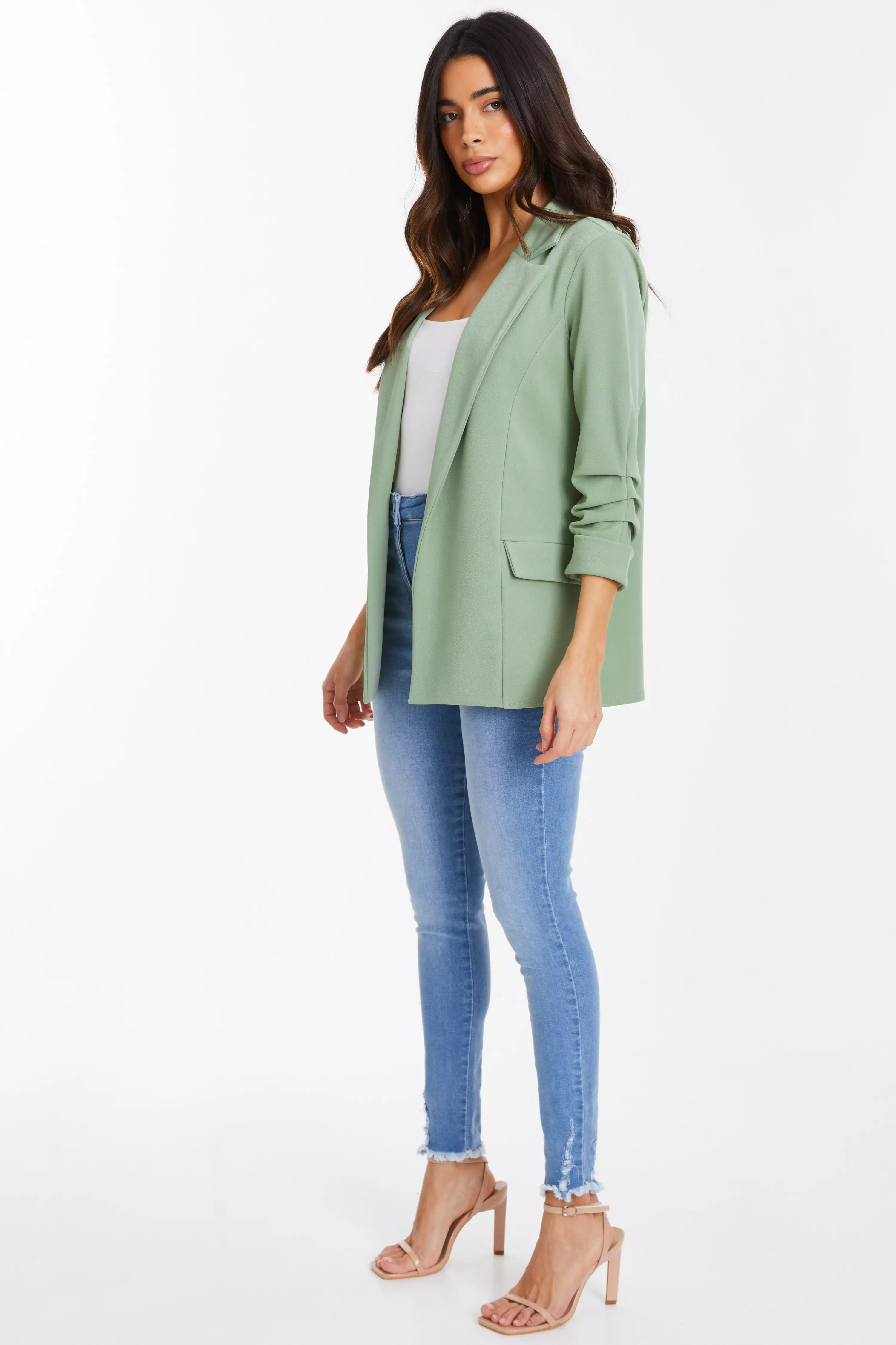 Sage Ruched Sleeve Blazer