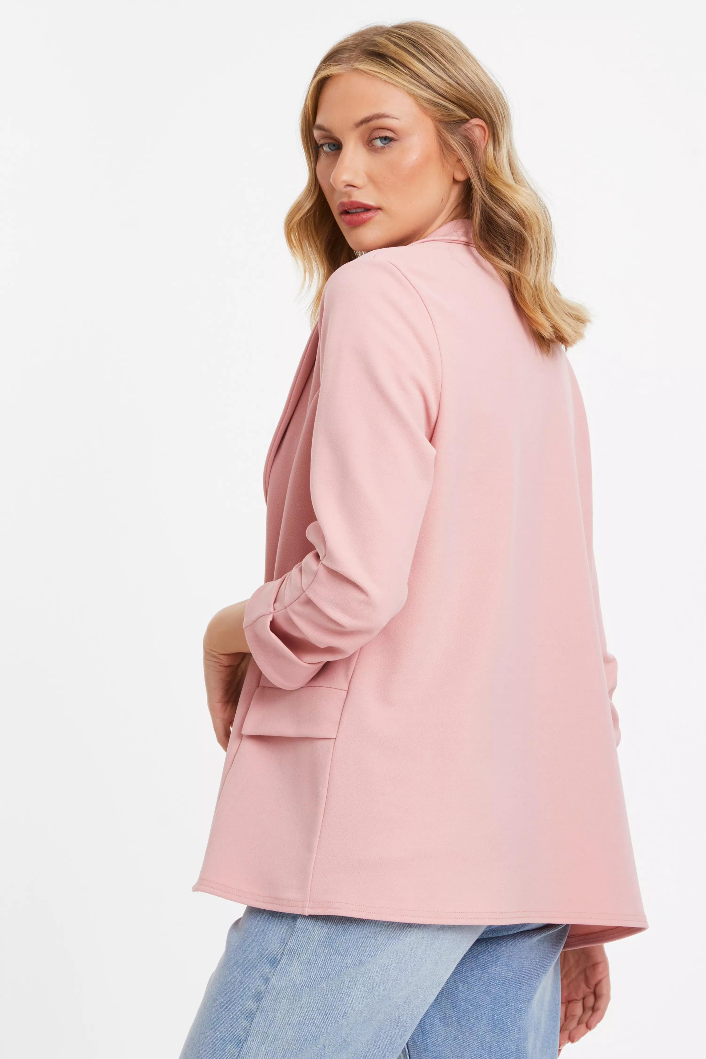 Pink Ruched Sleeve Blazer