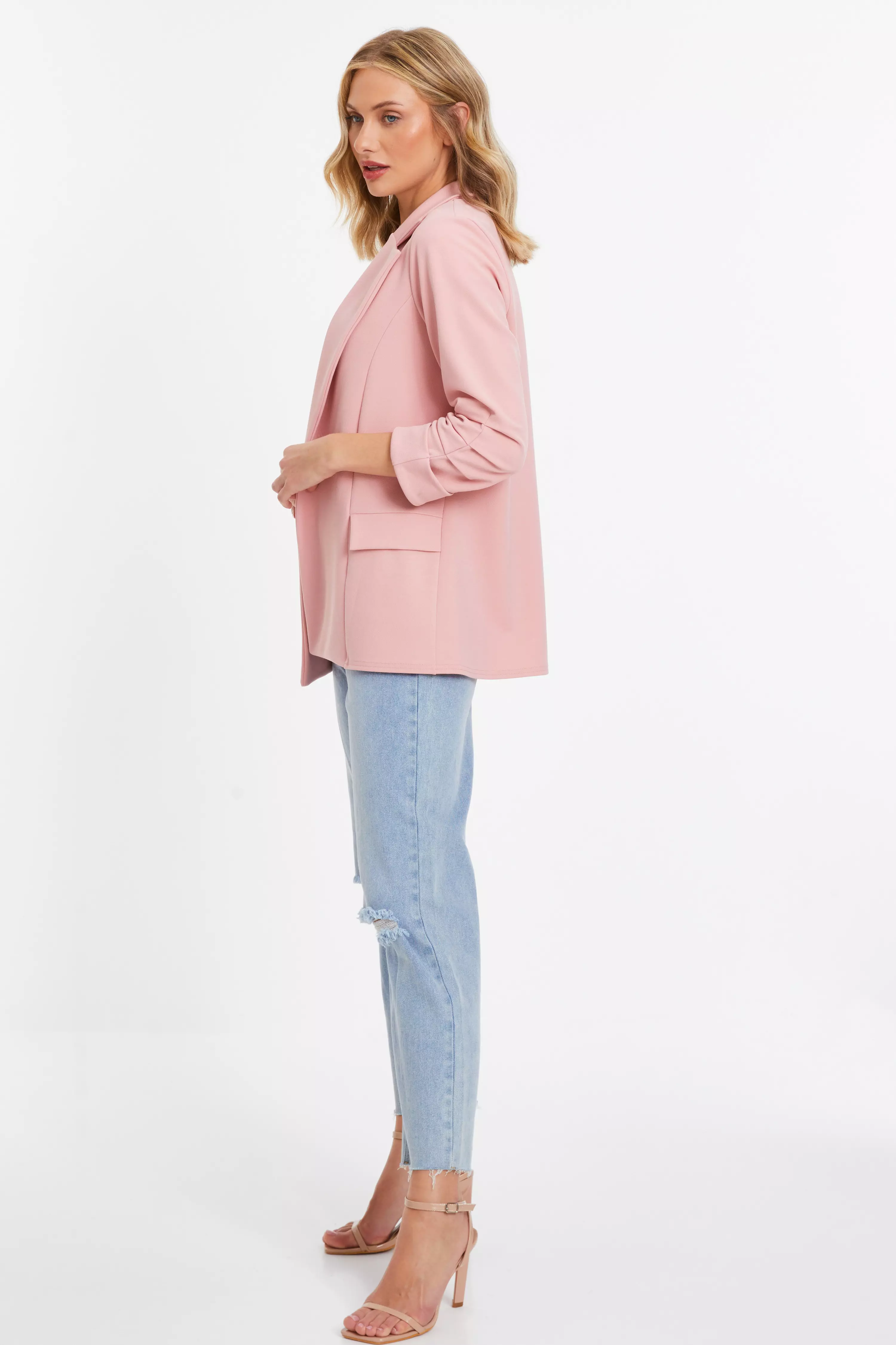 Pink Ruched Sleeve Blazer