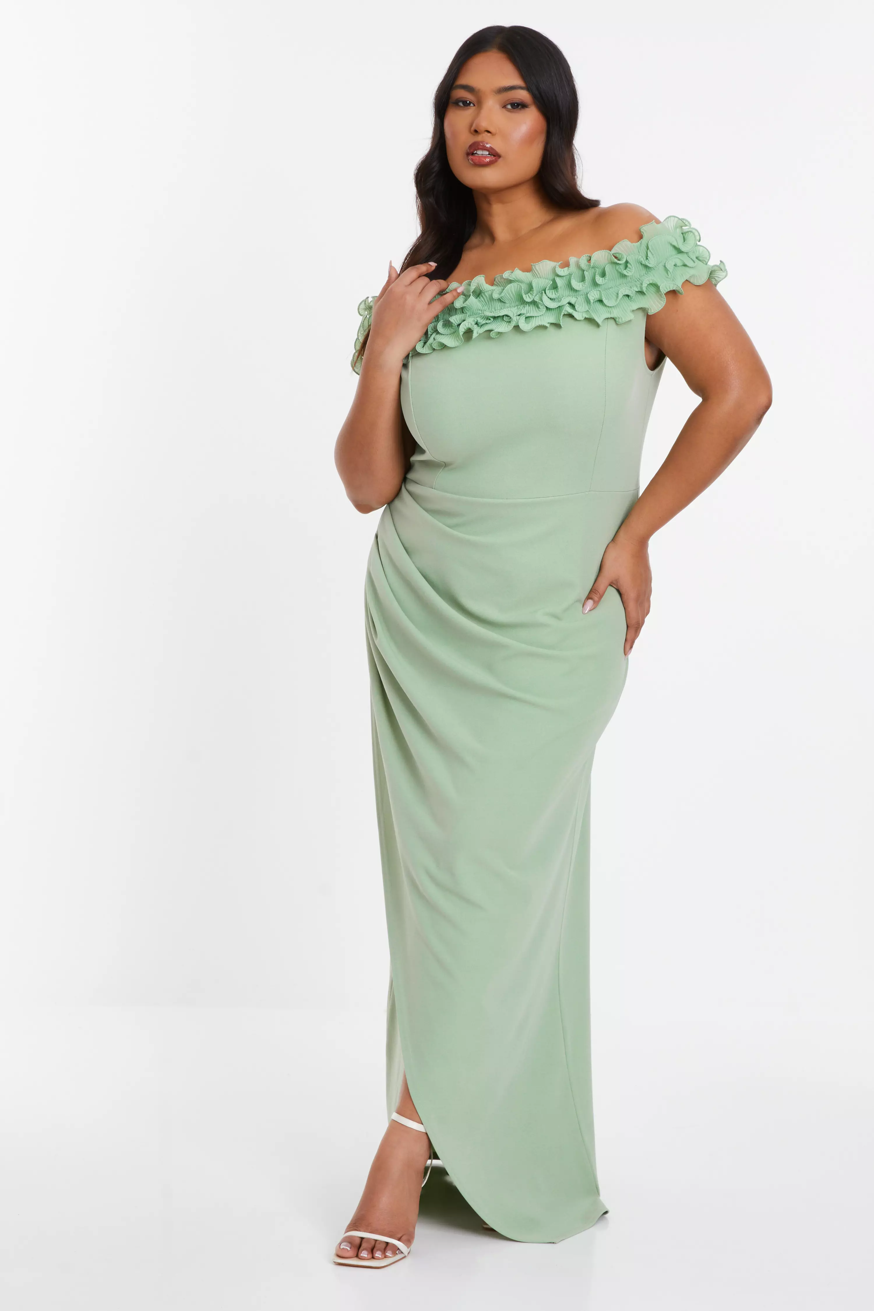 Curve Sage Green Ruffle Bardot Maxi Dress