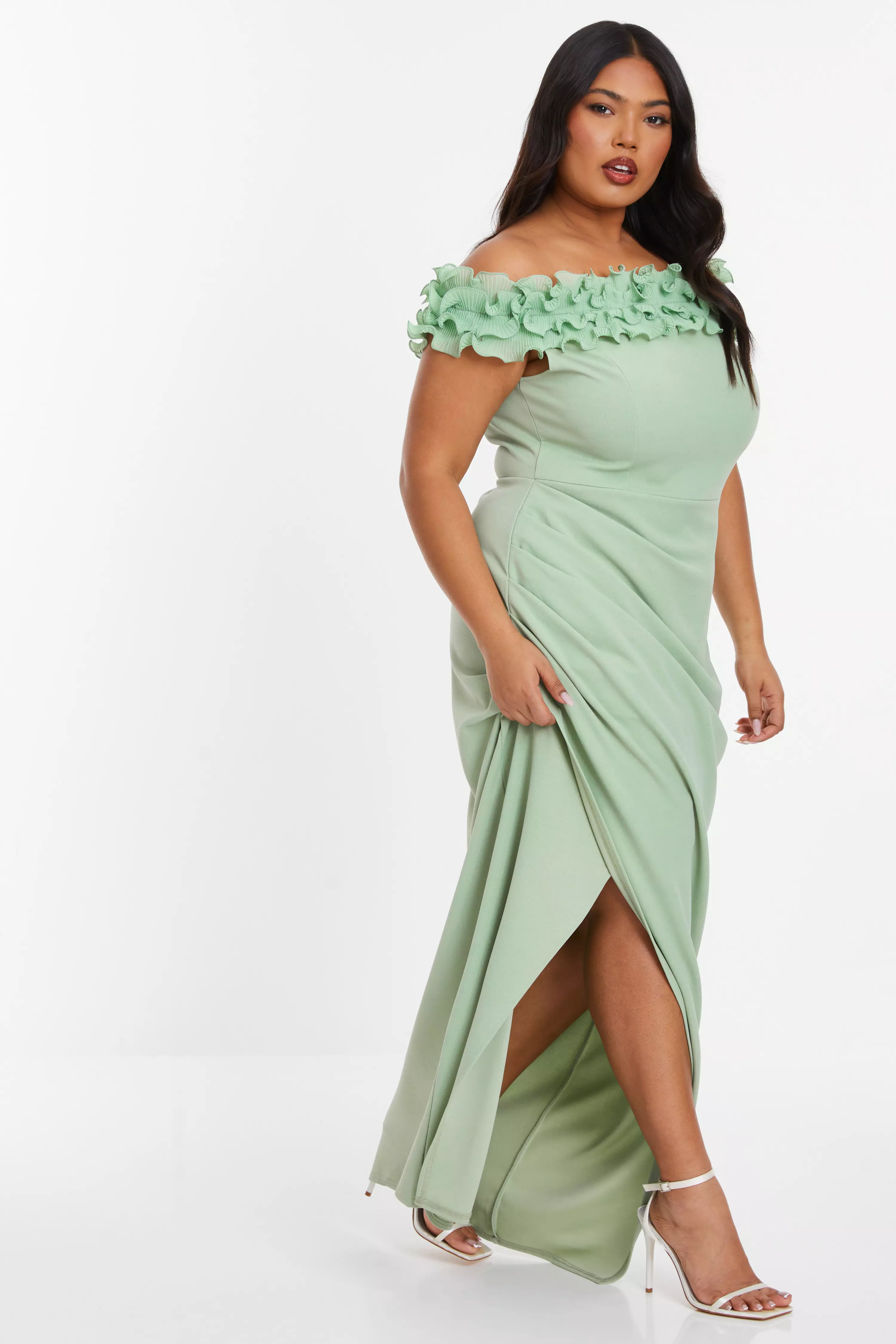 Curve Sage Green Ruffle Bardot Maxi Dress