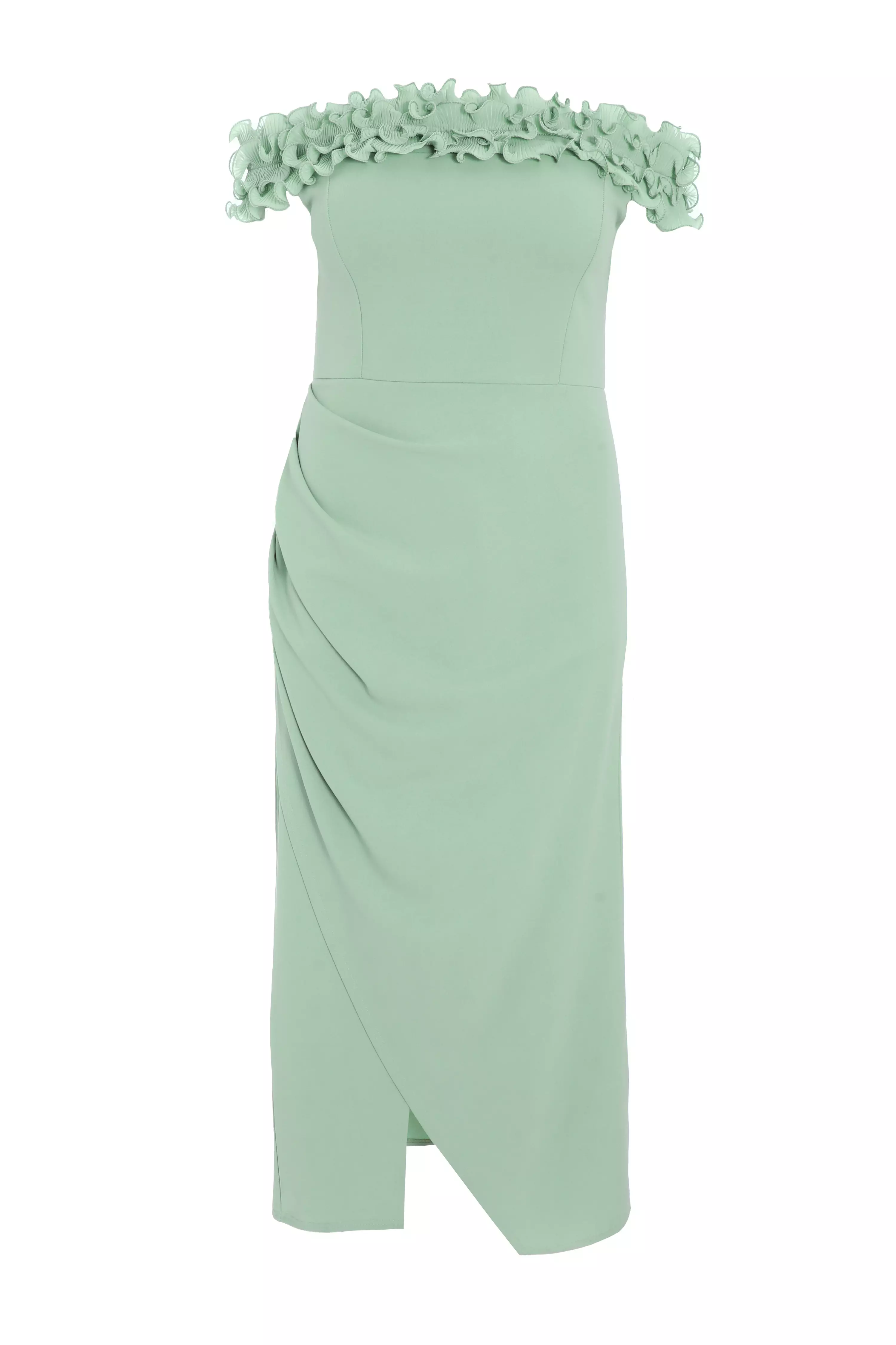 Curve Sage Green Ruffle Bardot Maxi Dress