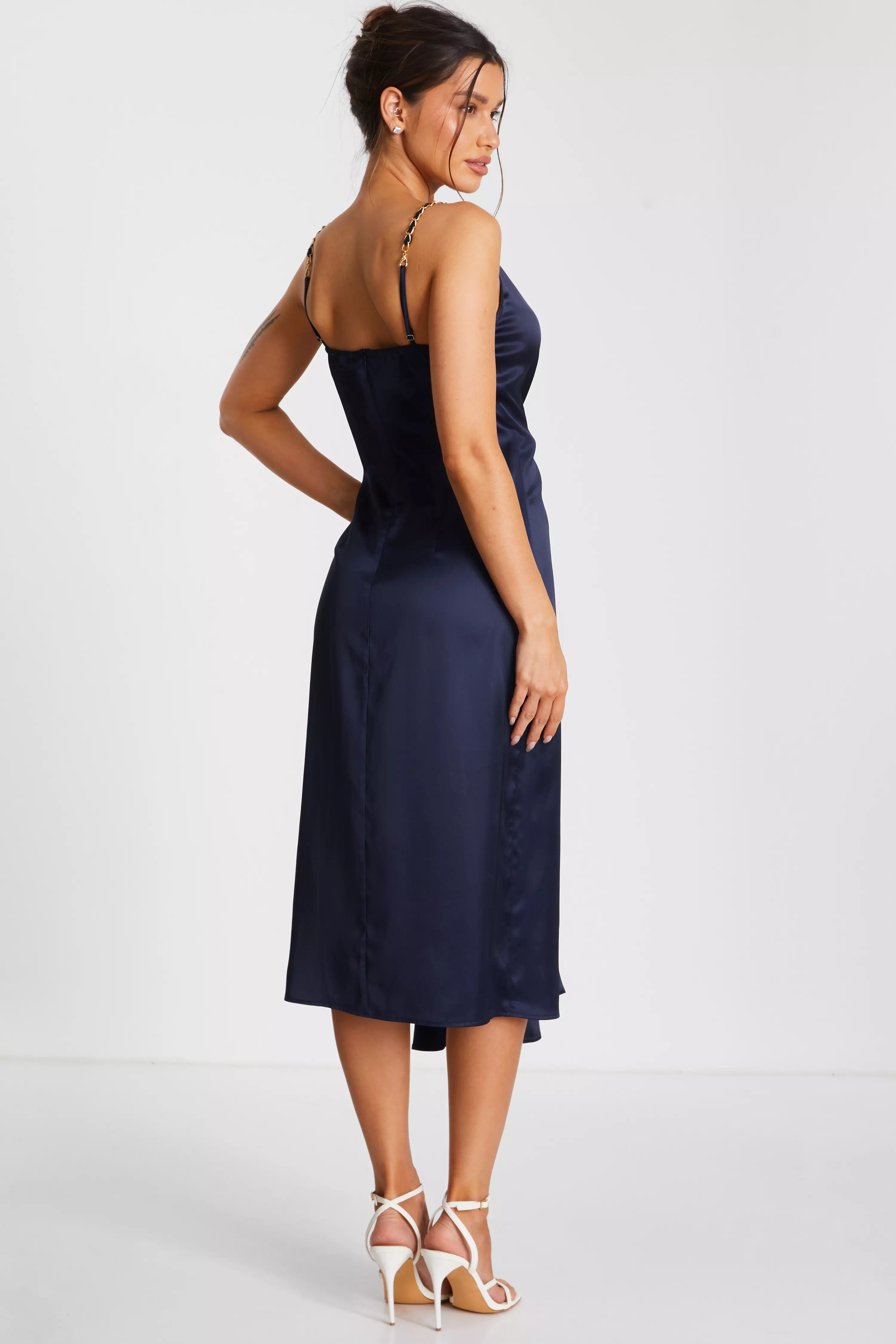 Navy Satin Buckle Front Midi Dress
