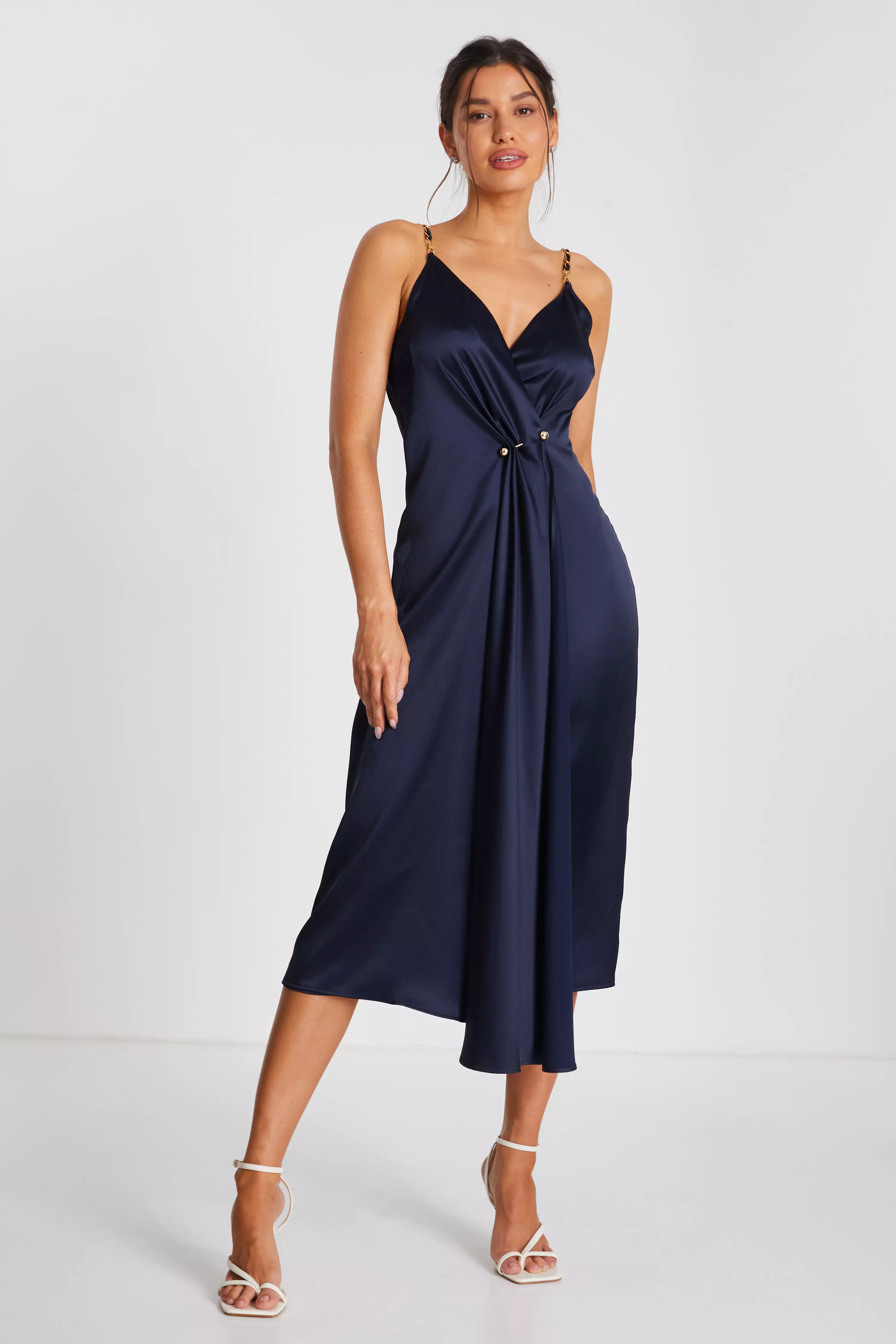 Navy Satin Buckle Front Midi Dress