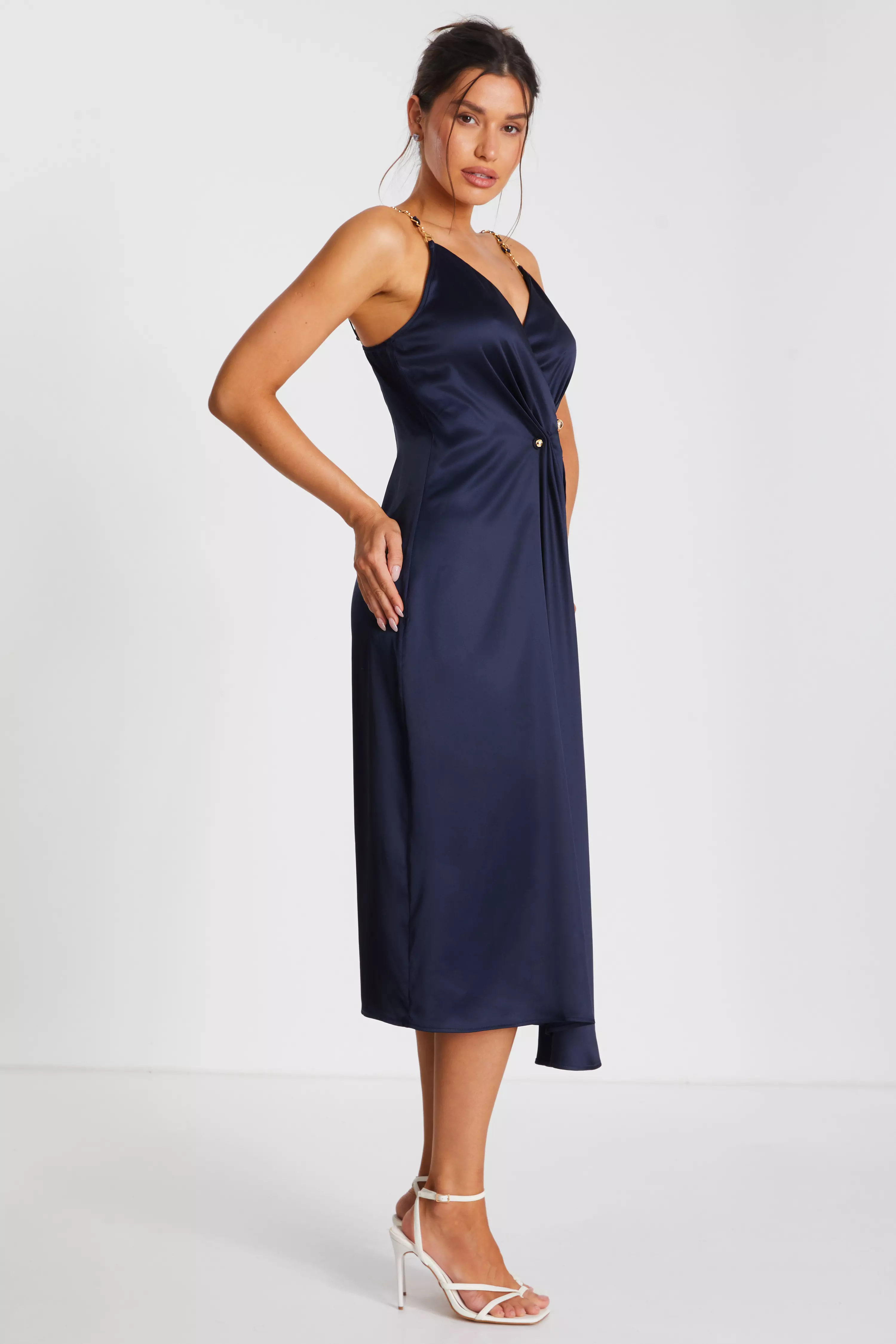 Navy Satin Buckle Front Midi Dress