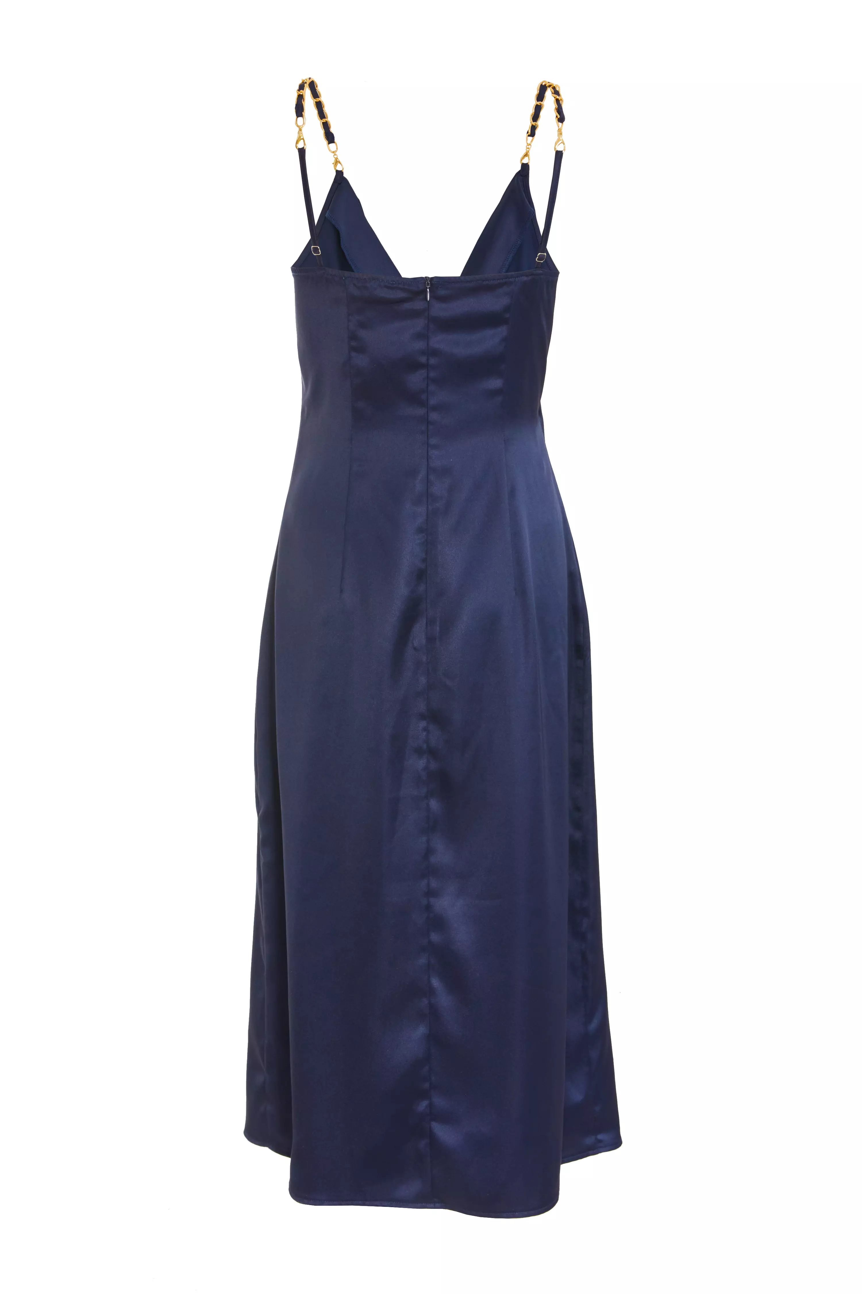 Navy Satin Buckle Front Midi Dress