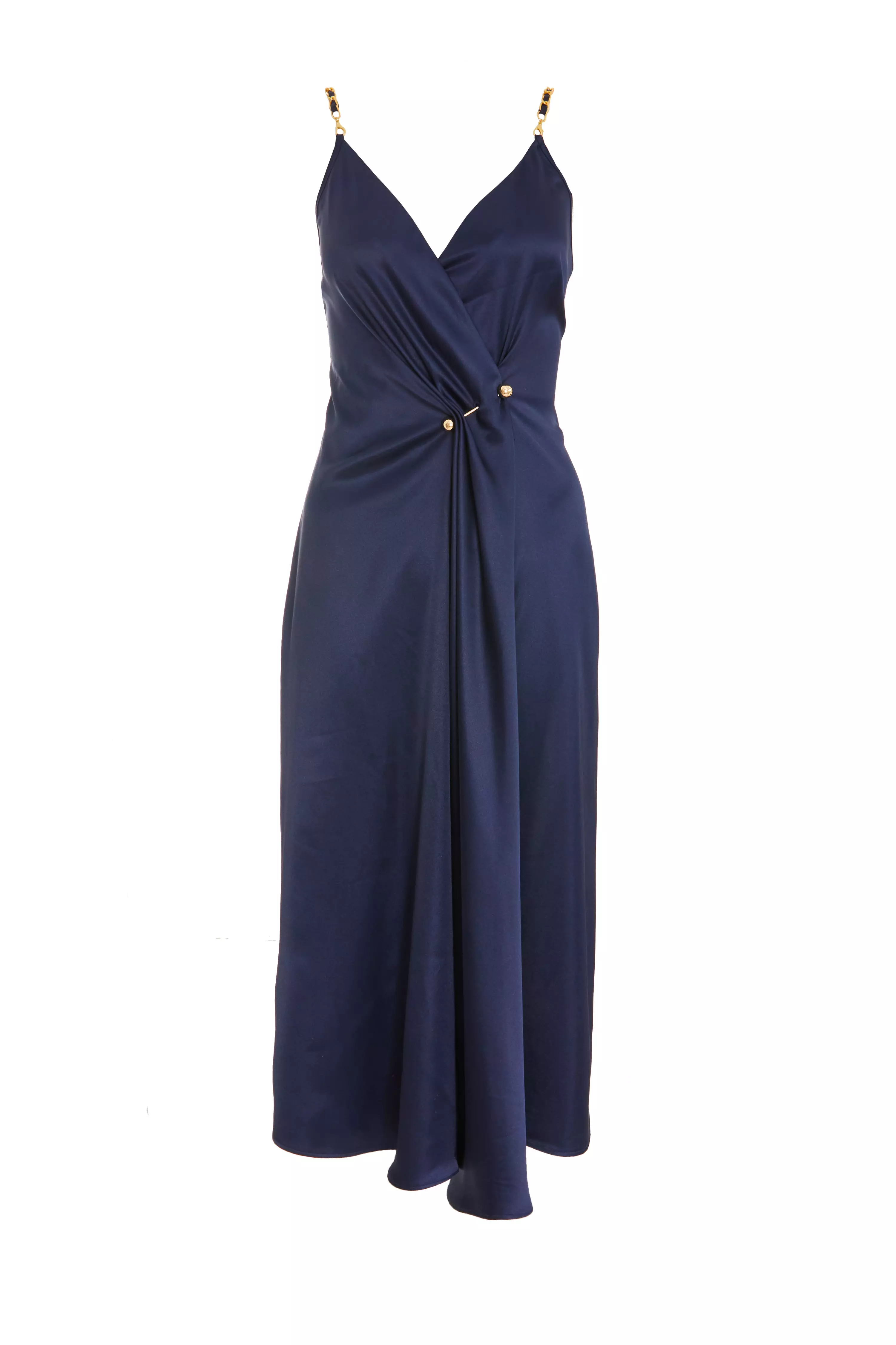 Navy Satin Buckle Front Midi Dress