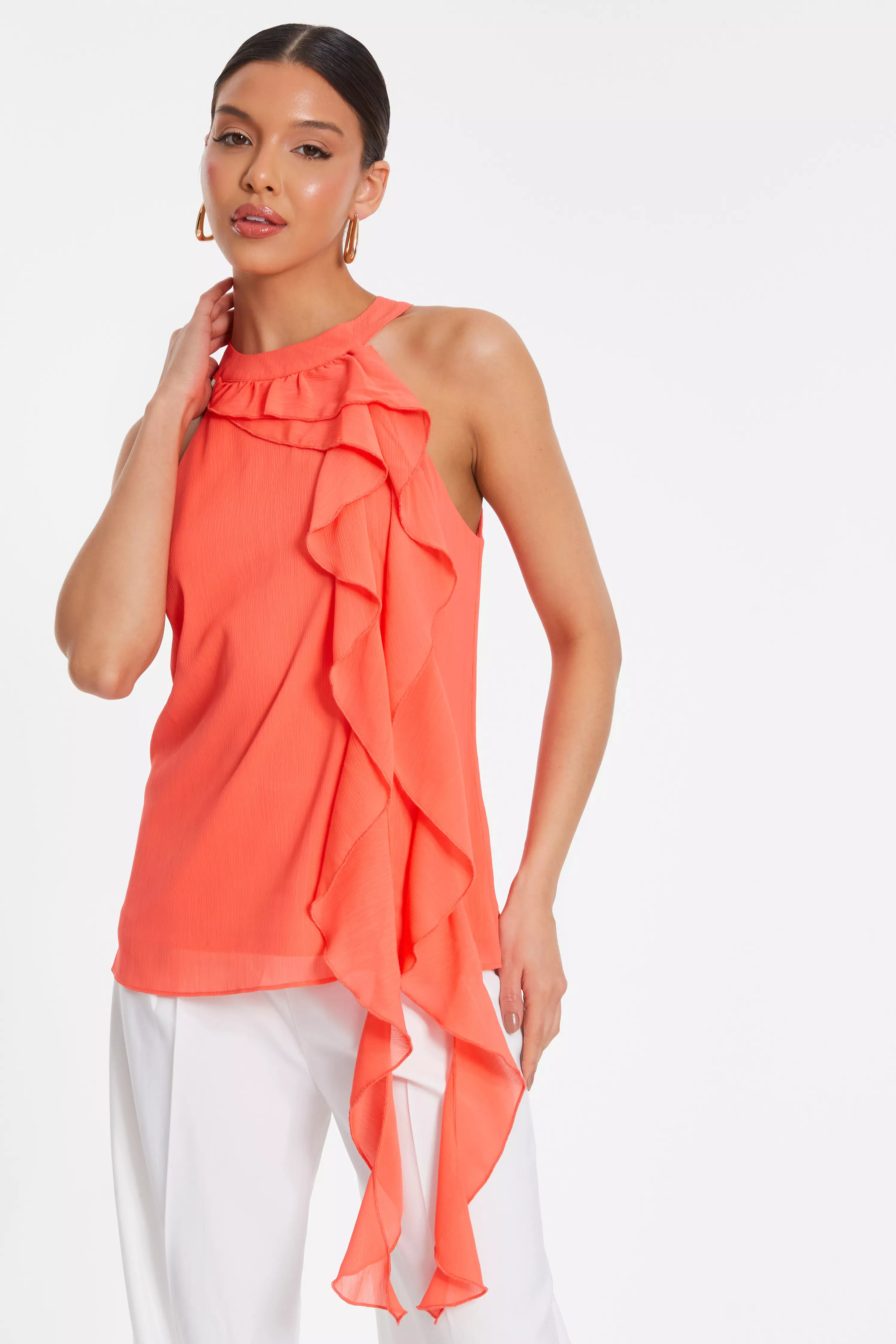 Coral Chiffon Frill Drape Top