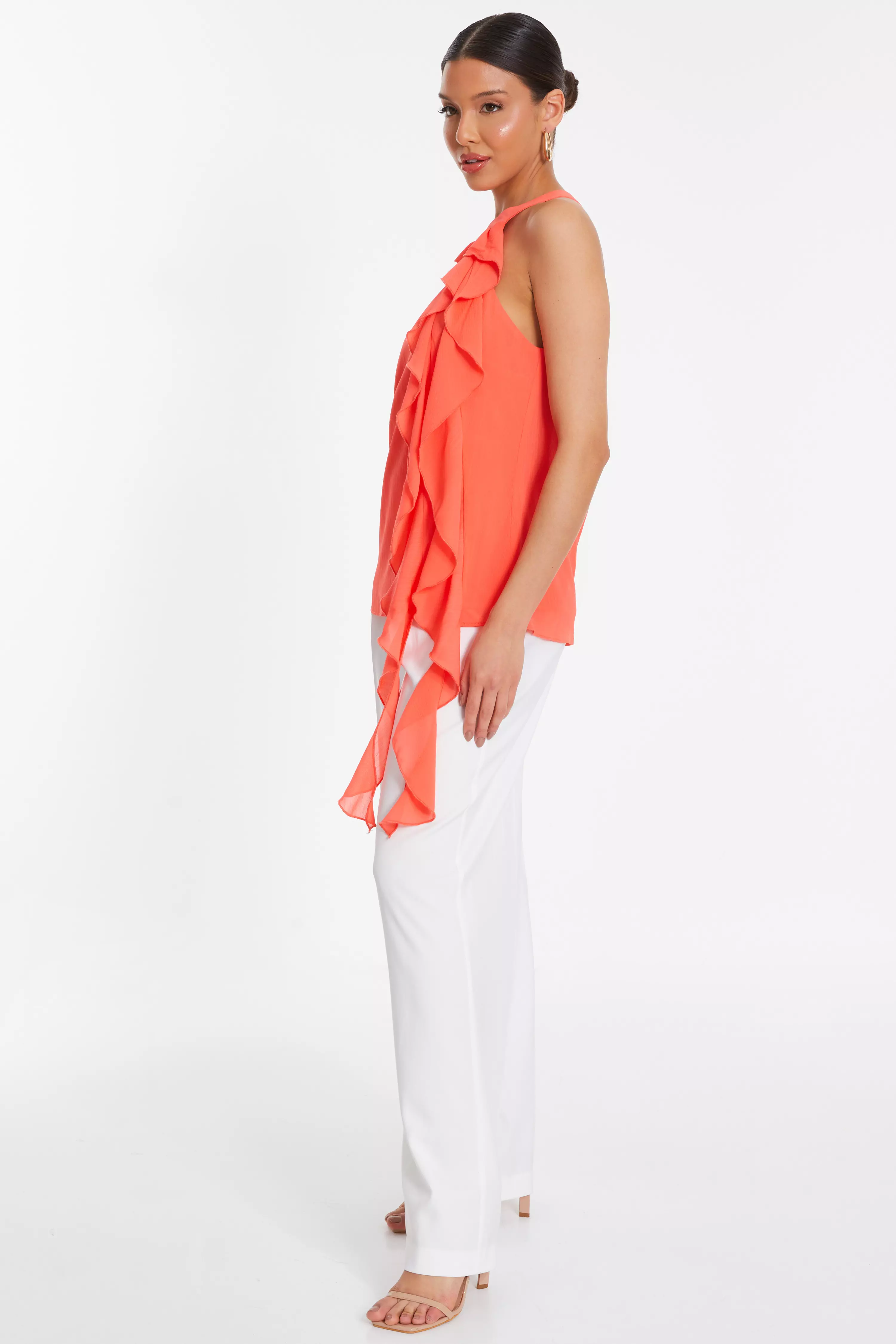 Coral Chiffon Frill Drape Top