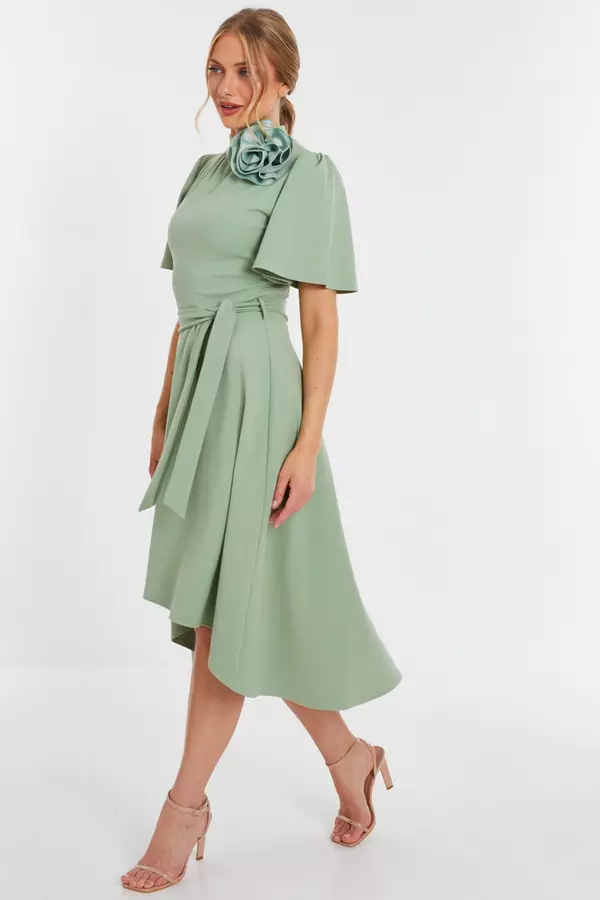Sage Green Corsage Dip Hem Midi Dress
