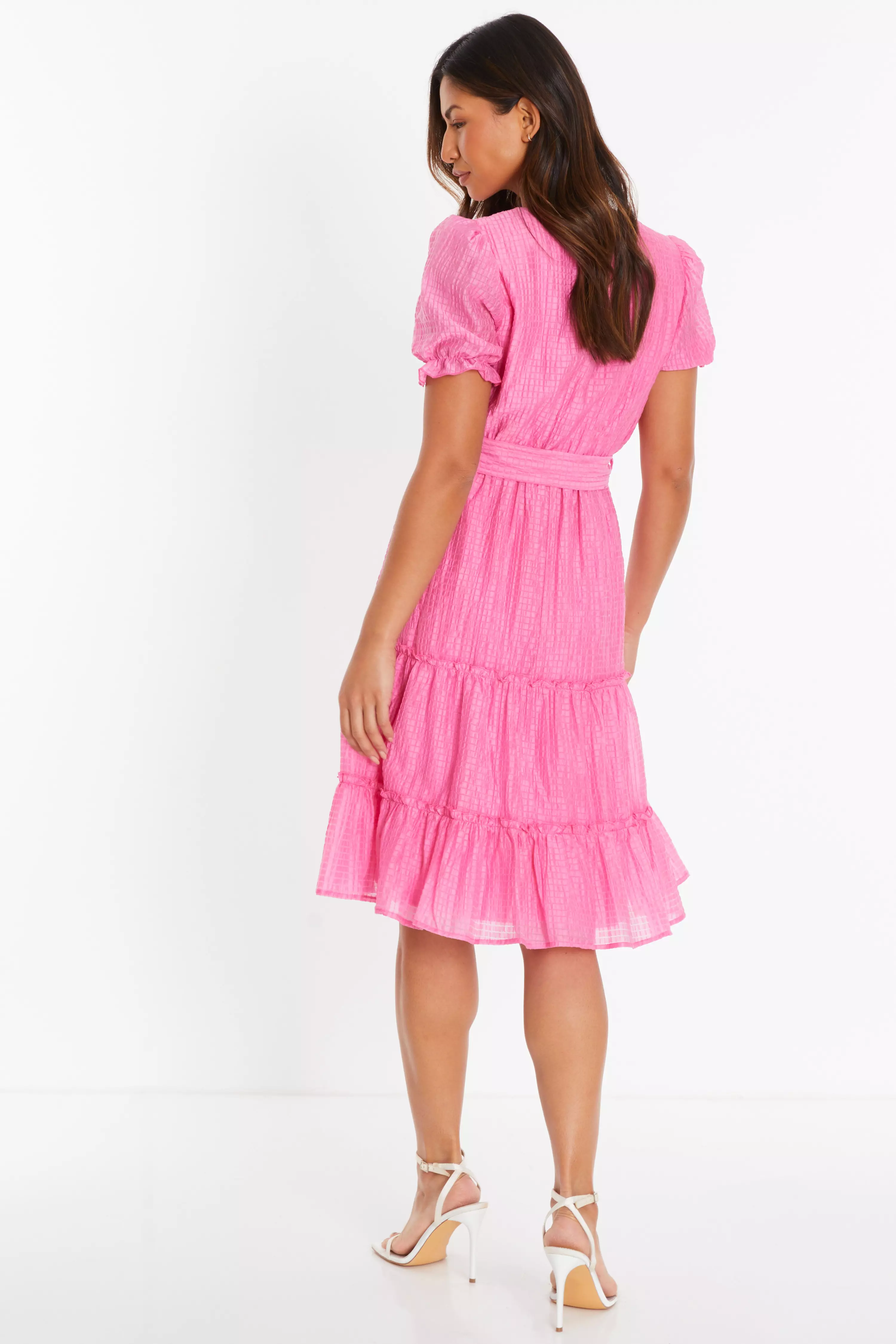 Pink Textured Frill Skater Midi Dress