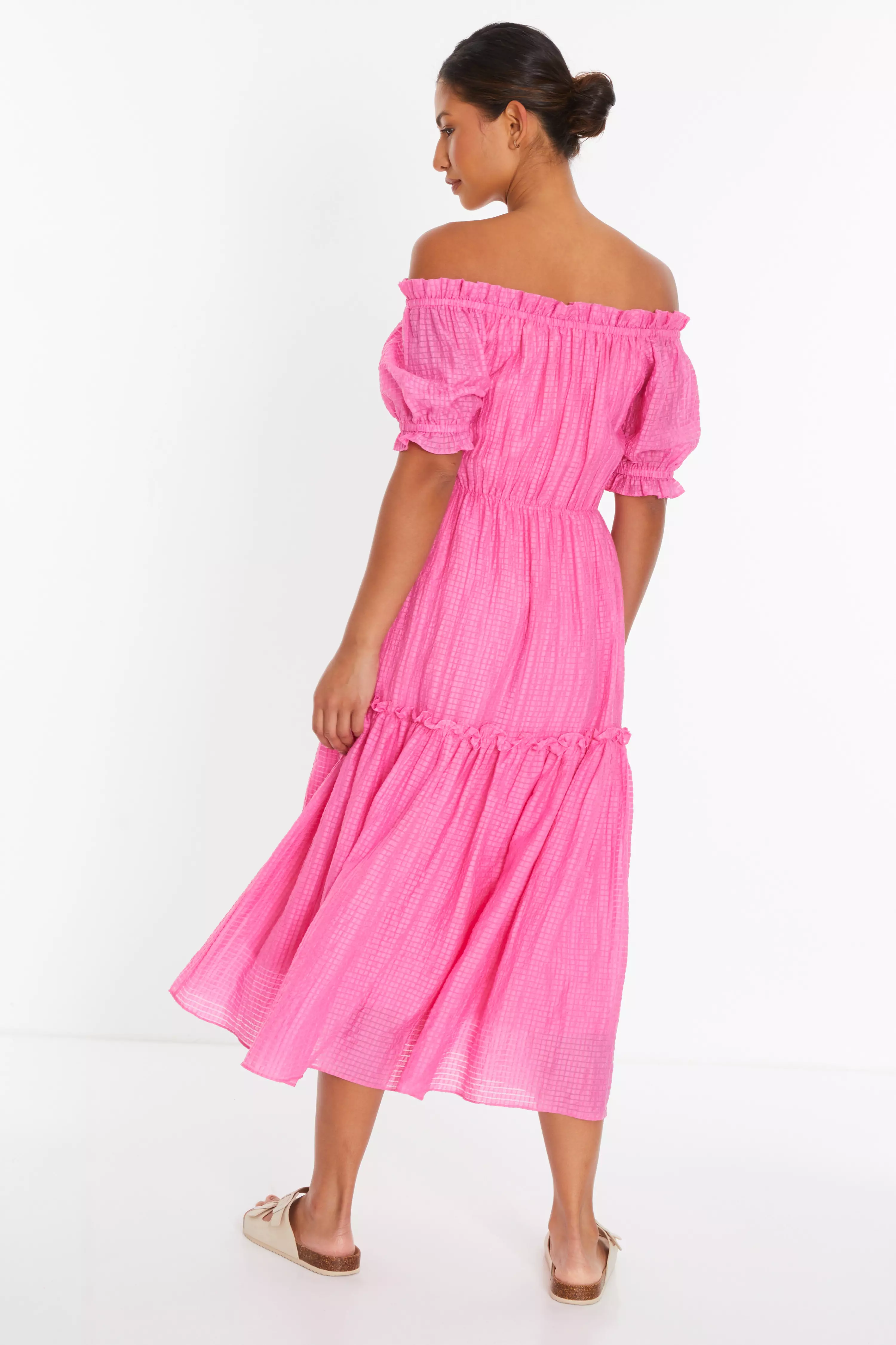 Pink Textured Bardot Midi Dress