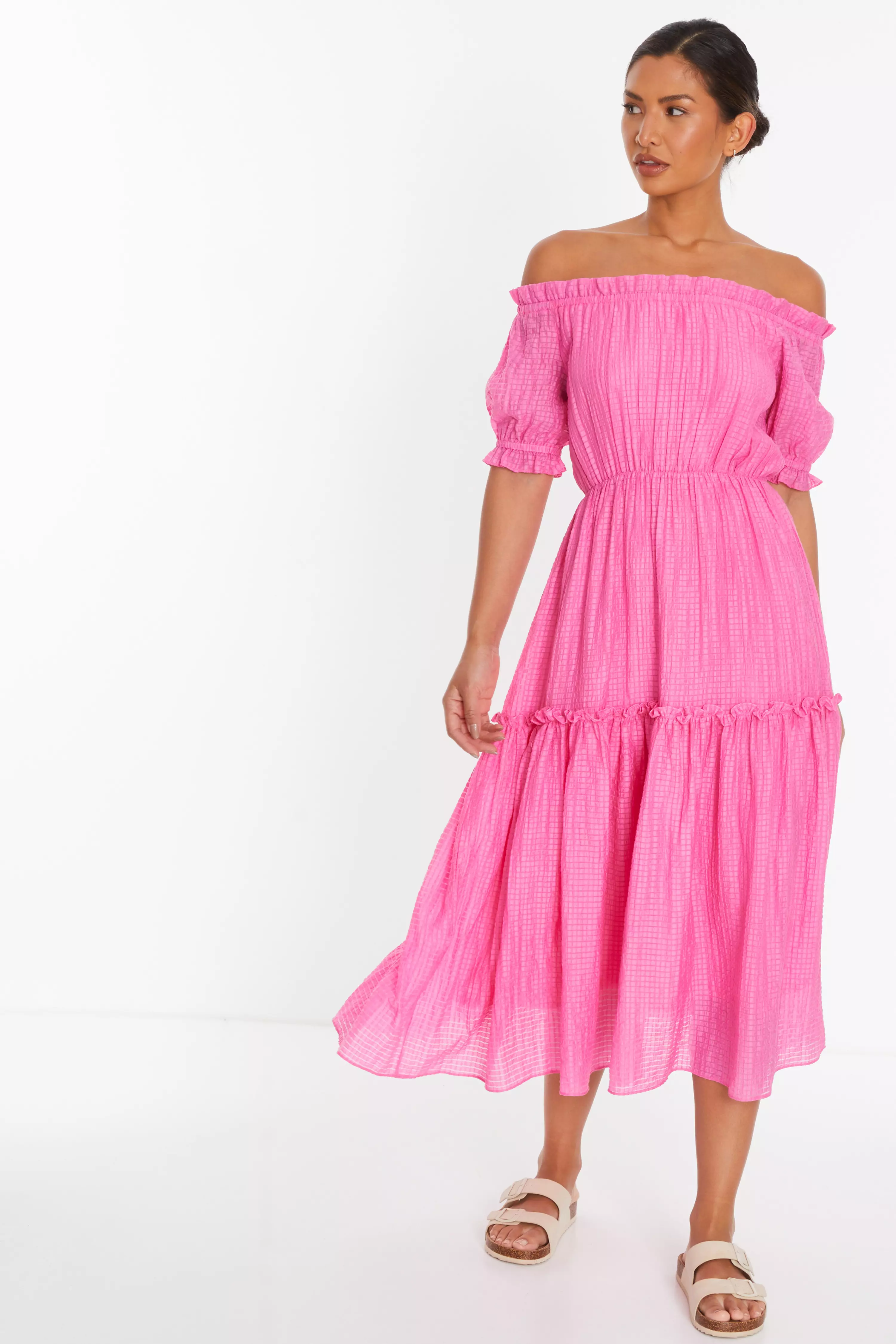 Pink Textured Bardot Midi Dress