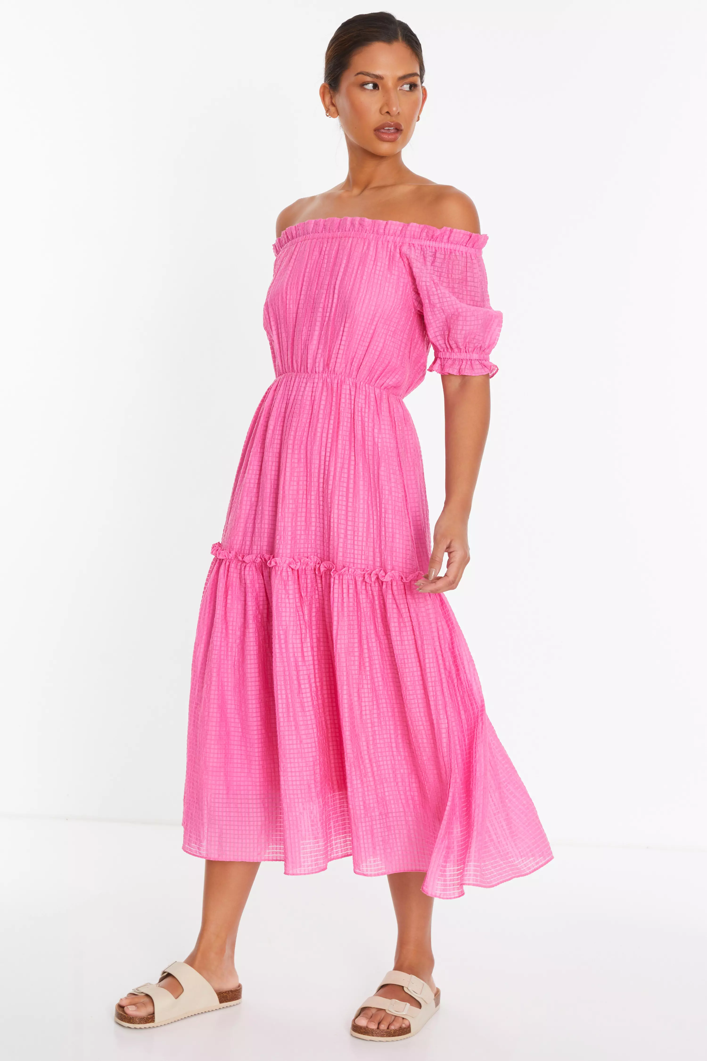 Pink Textured Bardot Midi Dress
