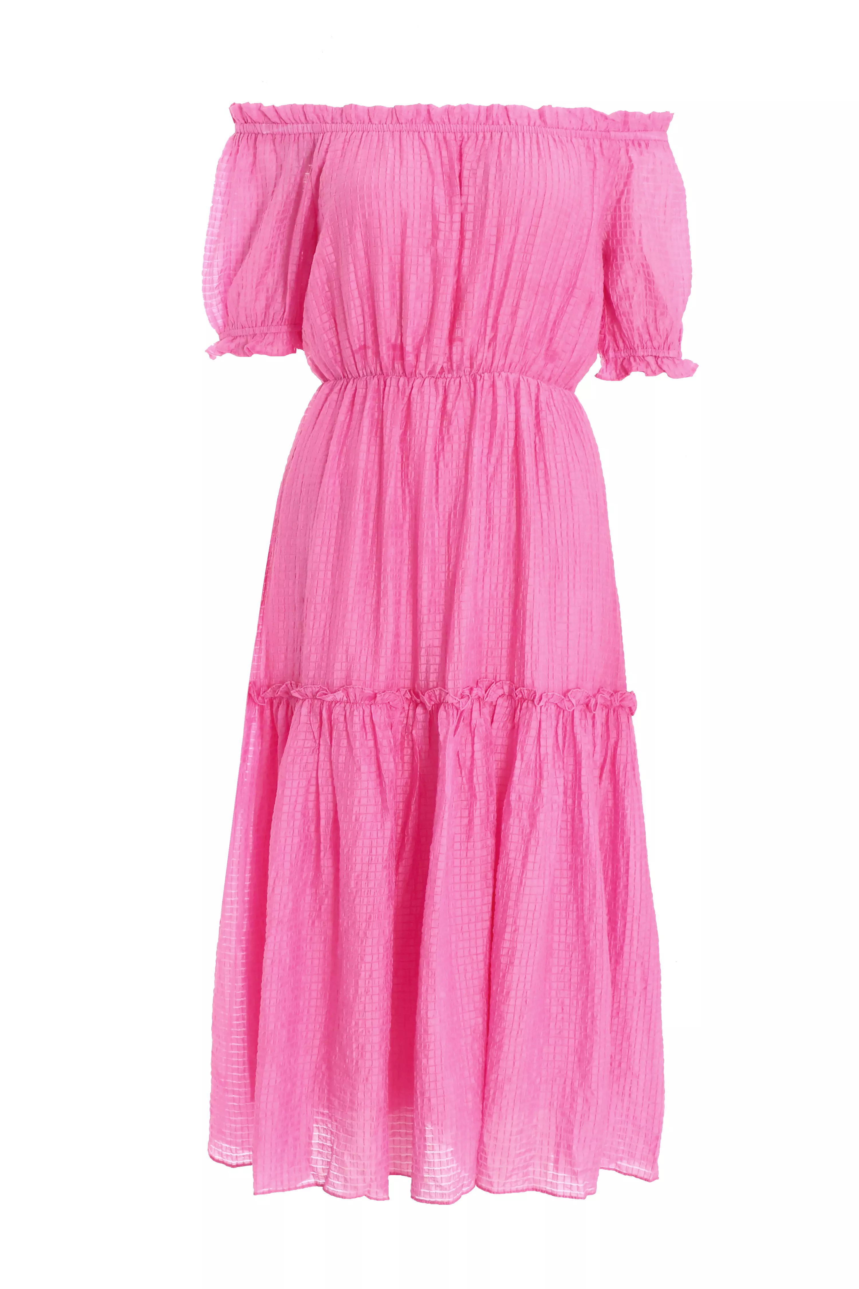 Pink Textured Bardot Midi Dress