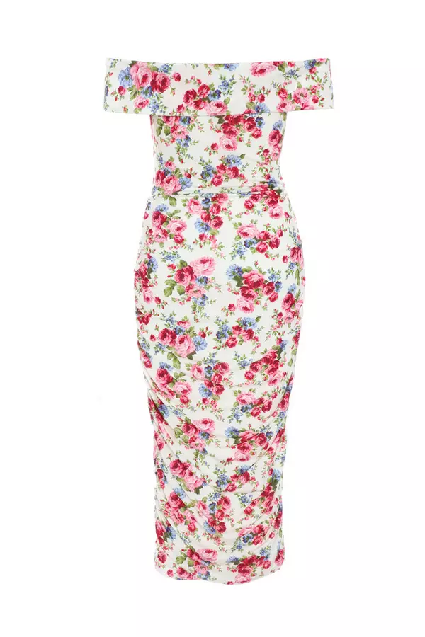 Cream Floral Bardot Midi Dress