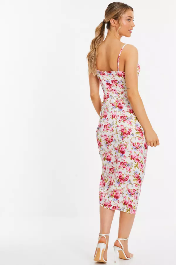 Pink Floral Satin Ruched Midi Dress