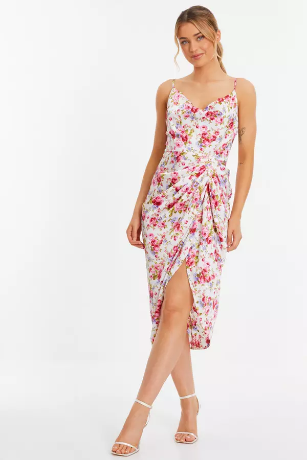 Pink Floral Satin Ruched Midi Dress
