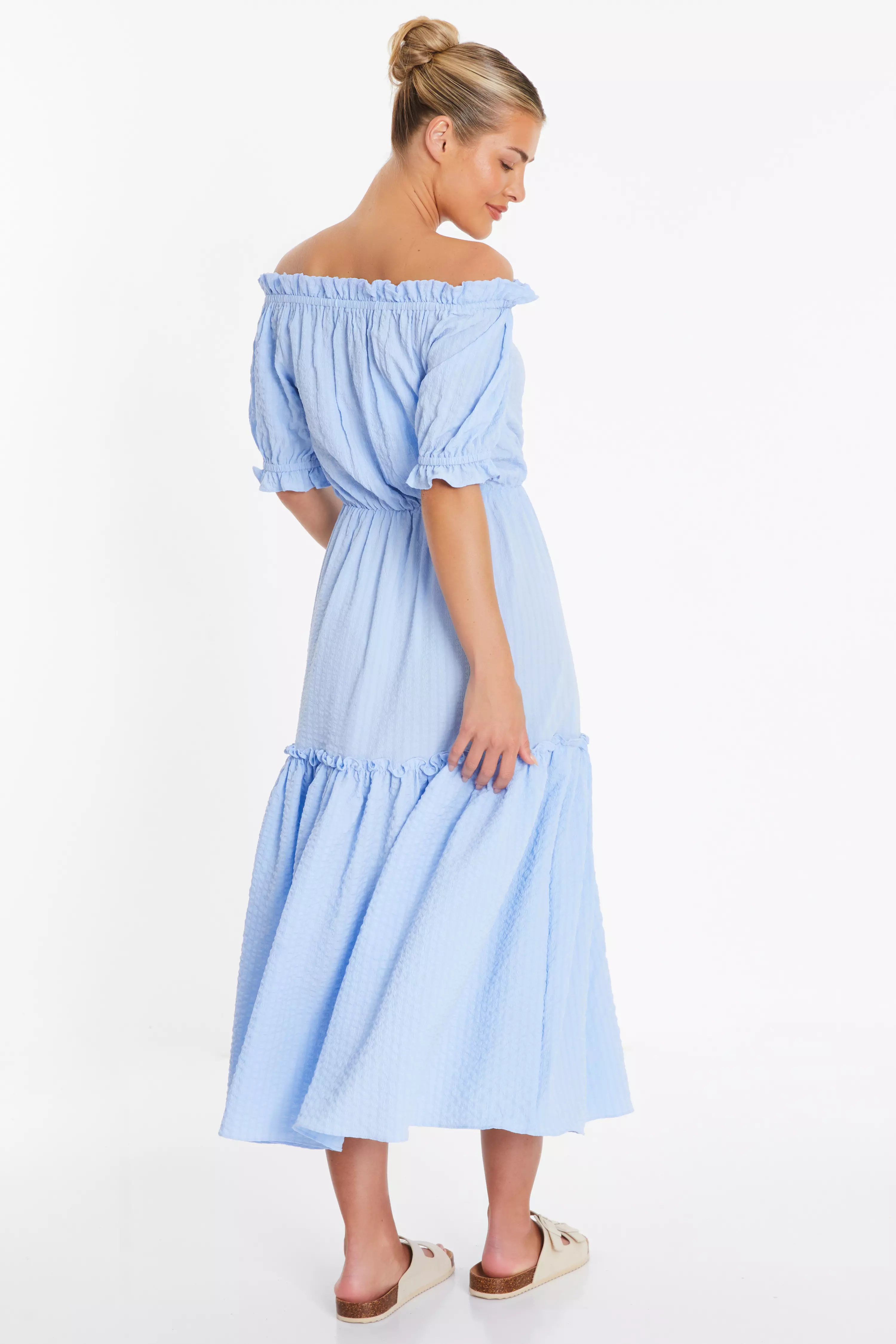 Blue Textured Bardot Midi Dress