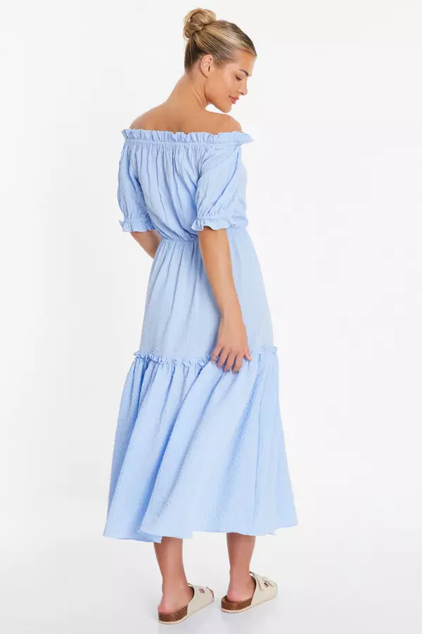 Blue Textured Bardot Midi Dress