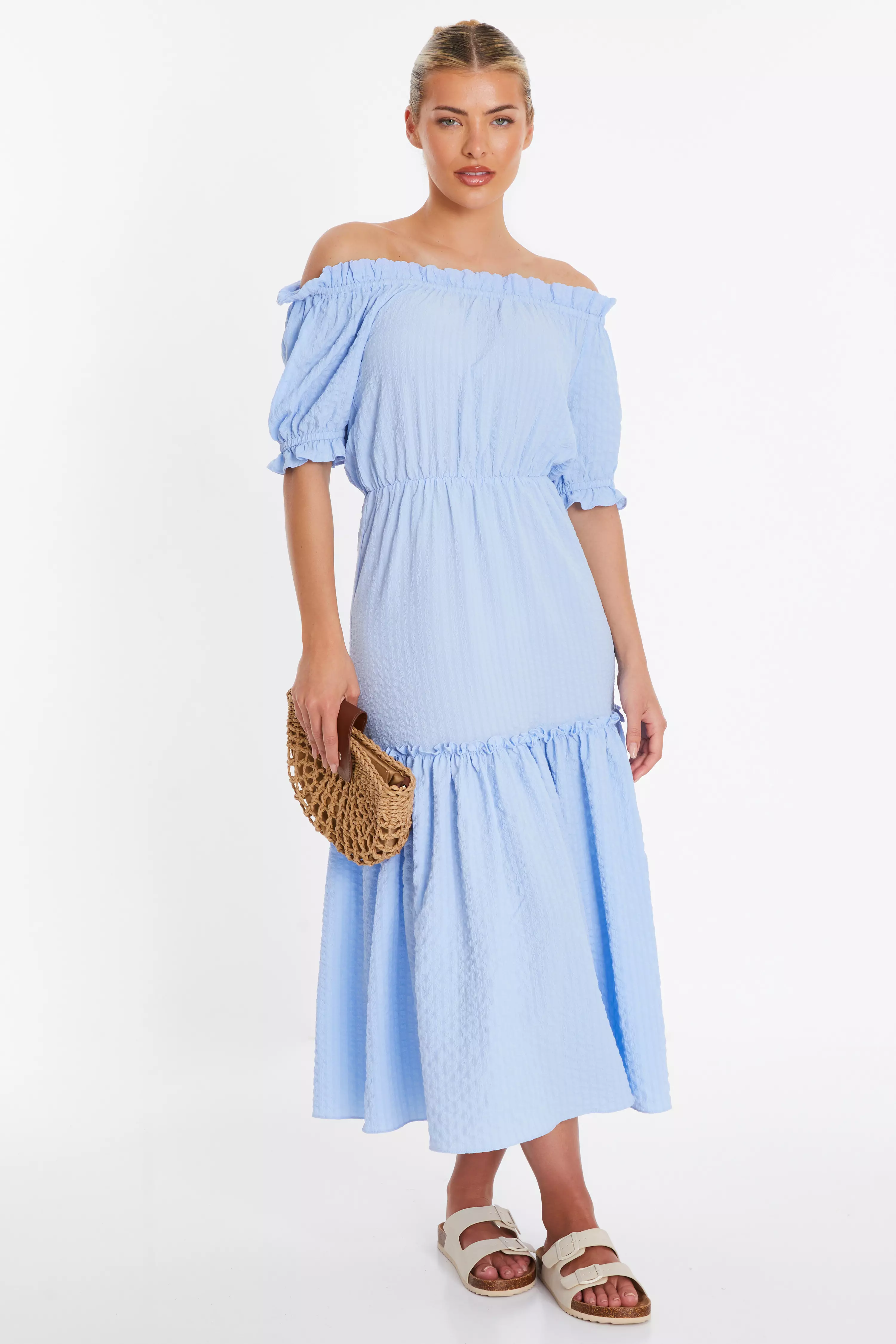 Blue Textured Bardot Midi Dress