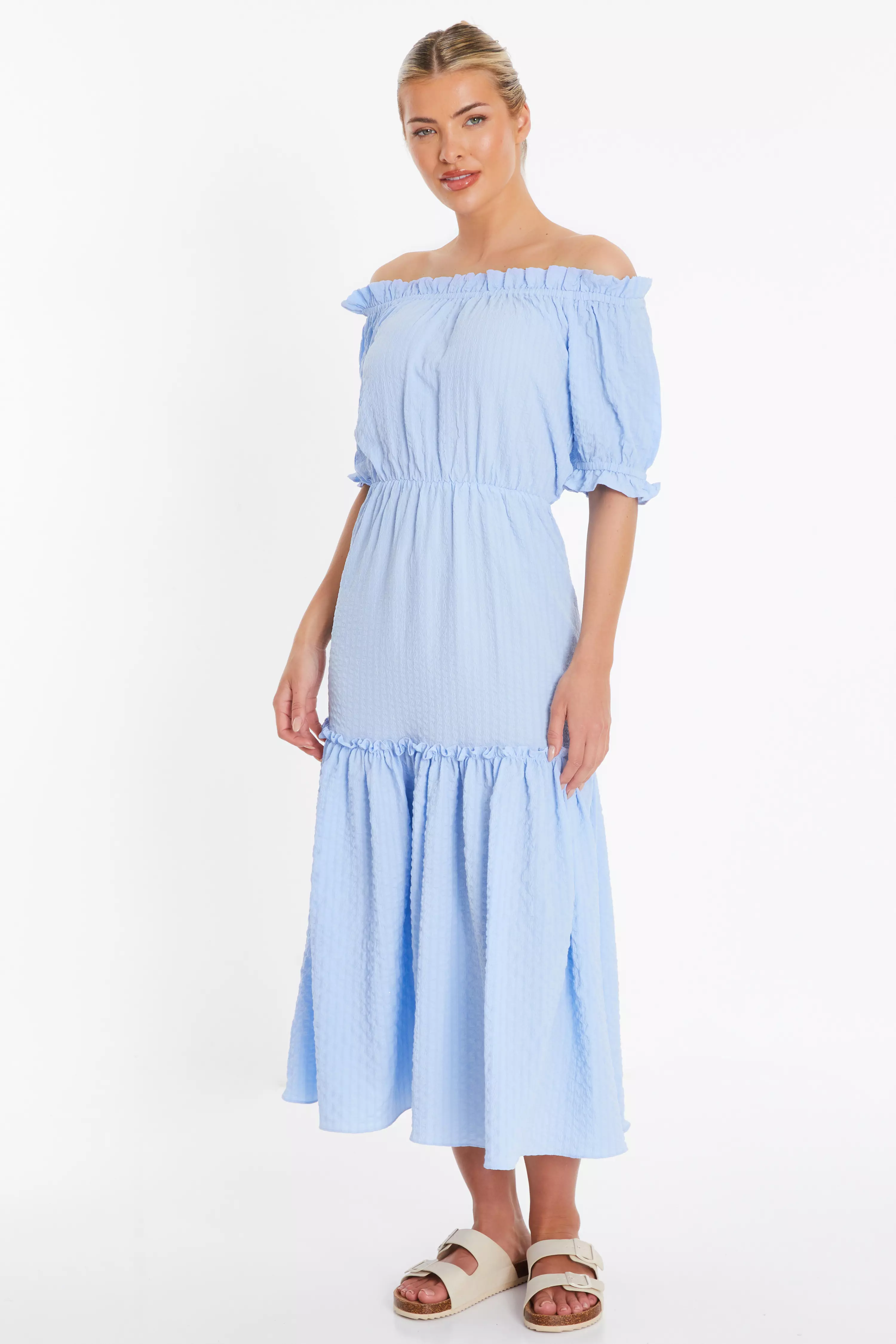 Blue Textured Bardot Midi Dress