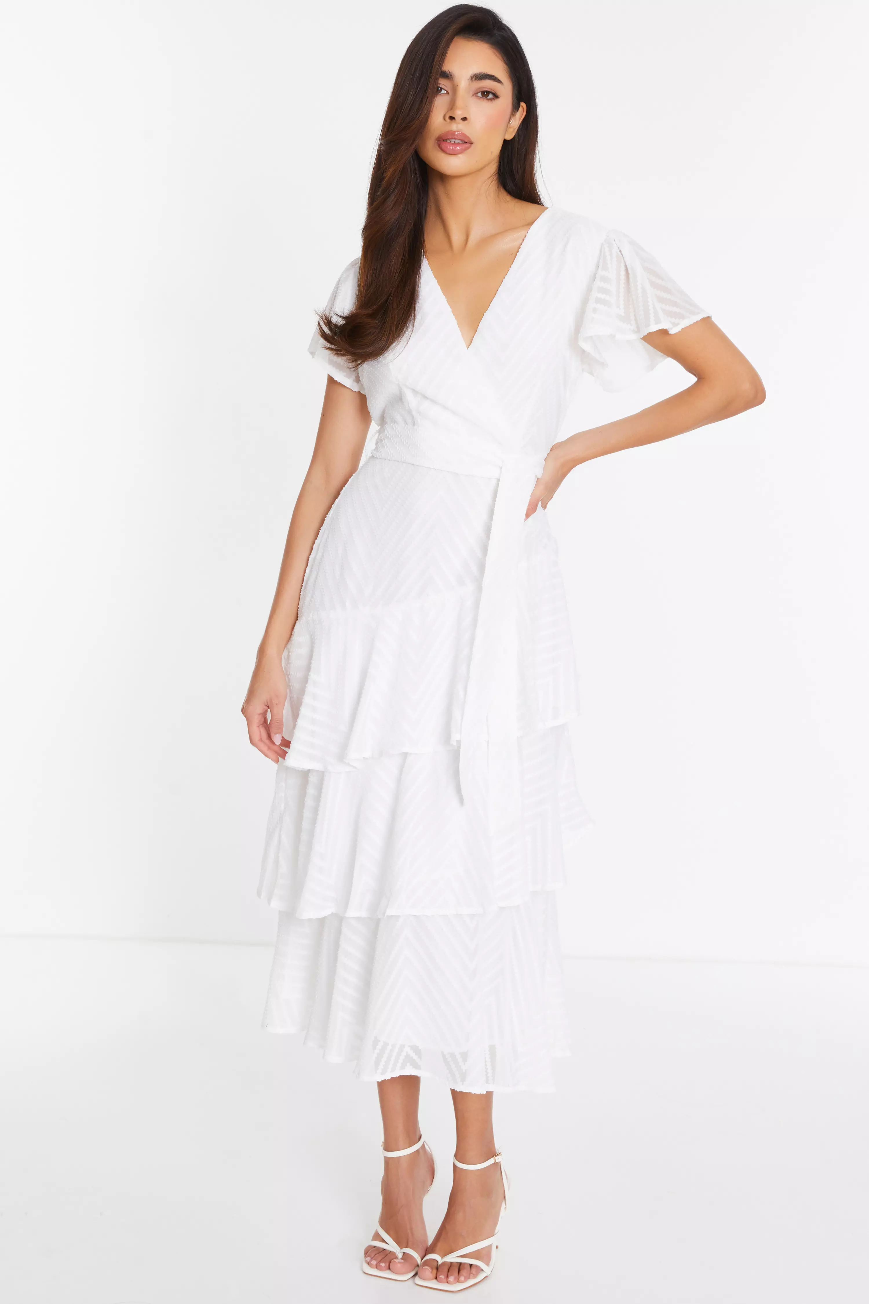 White Textured Wrap Midi Dress
