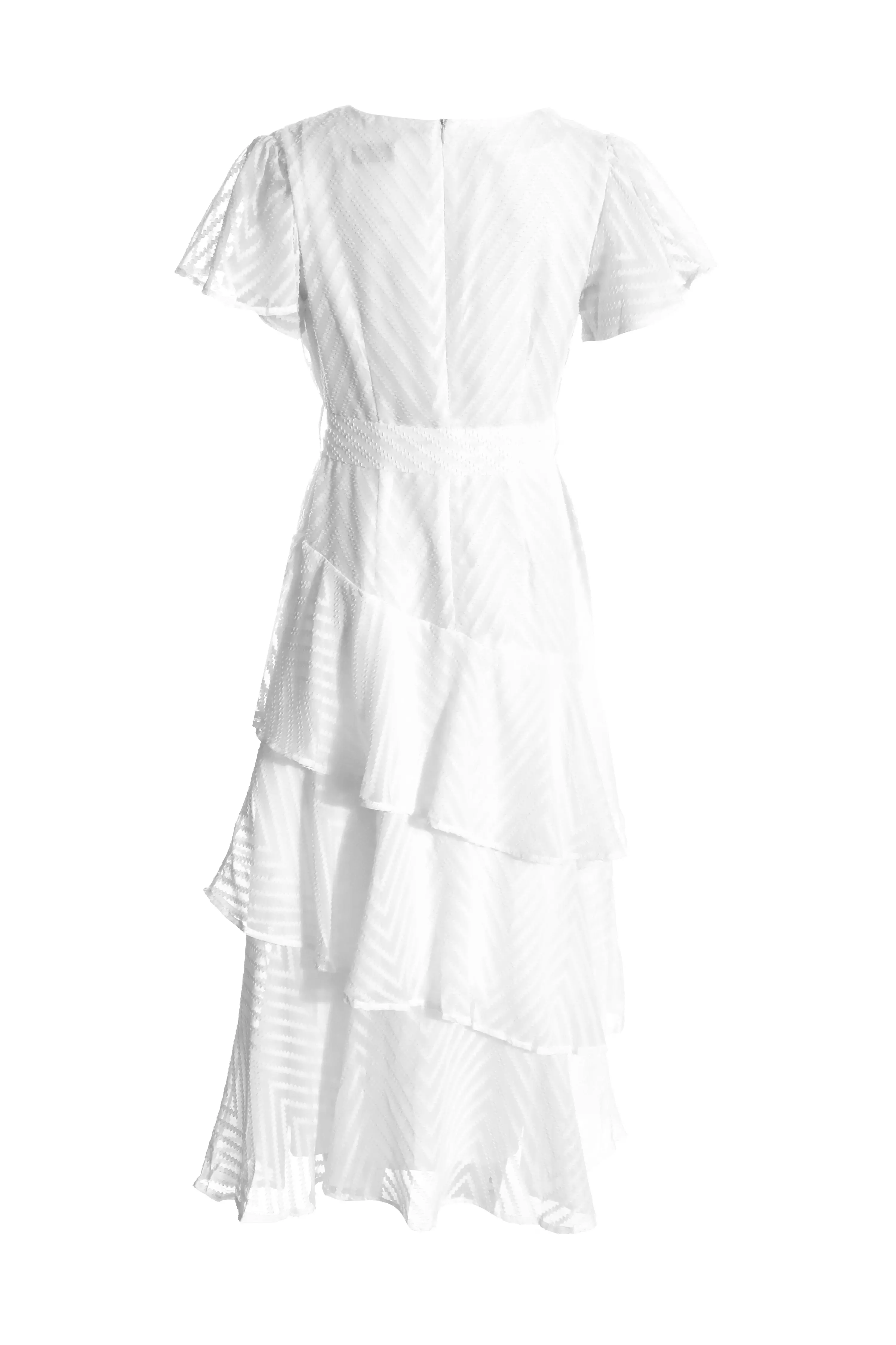 White Chiffon Jacquard Wrap Midi Dress