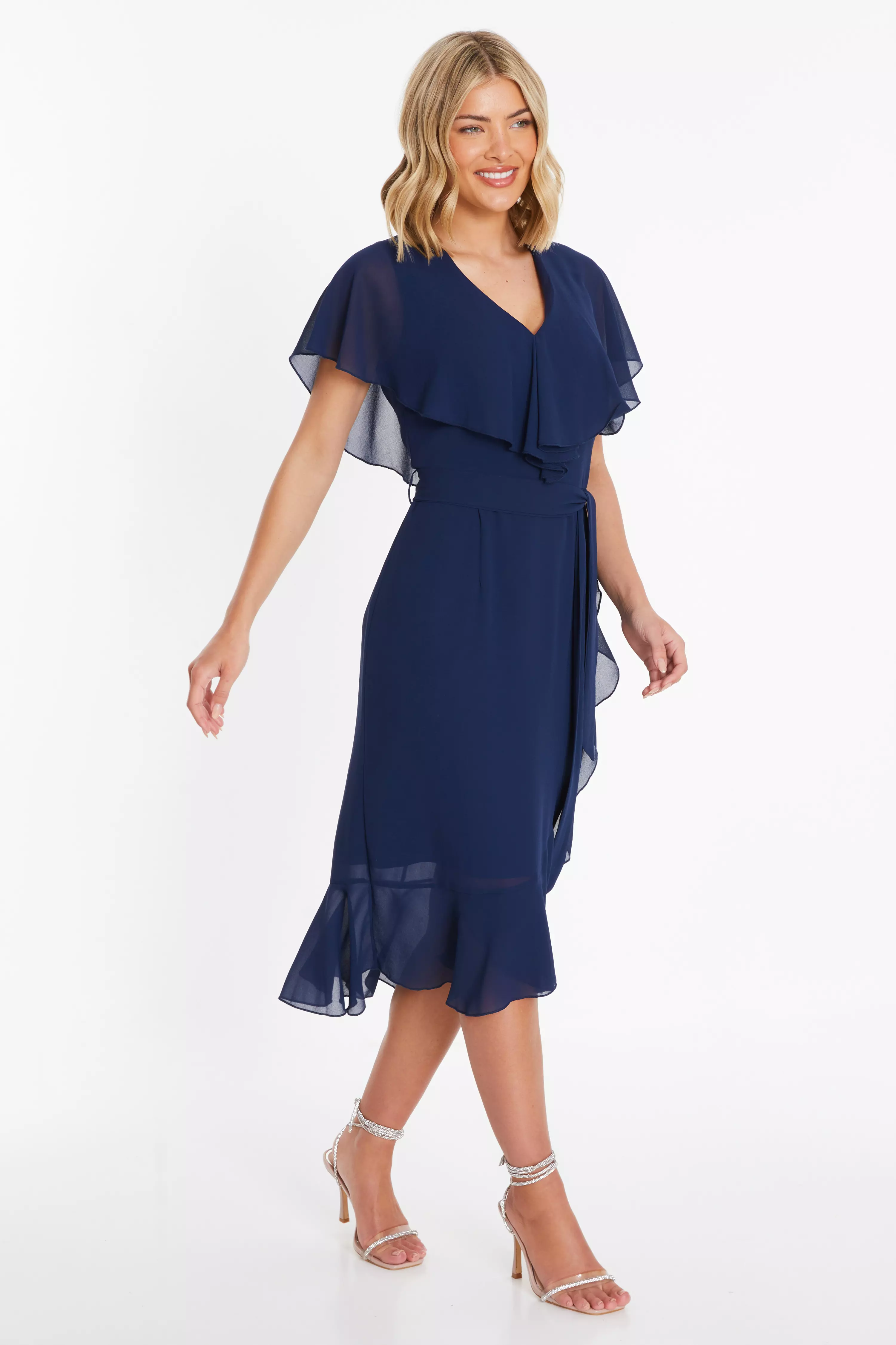 Navy Chiffon Frill Midi Dress