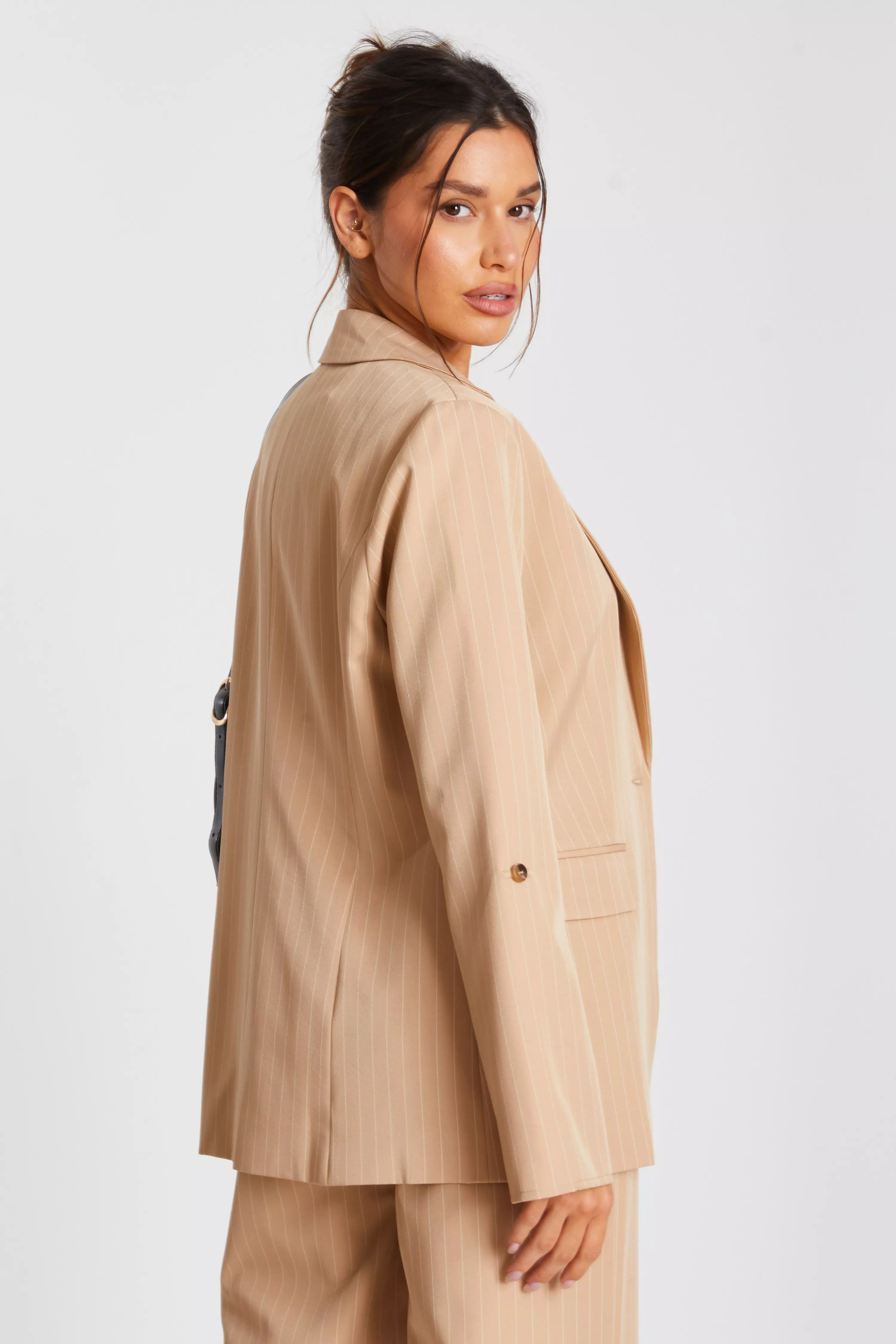 Camel Pinstripe Ruched Sleeve Blazer