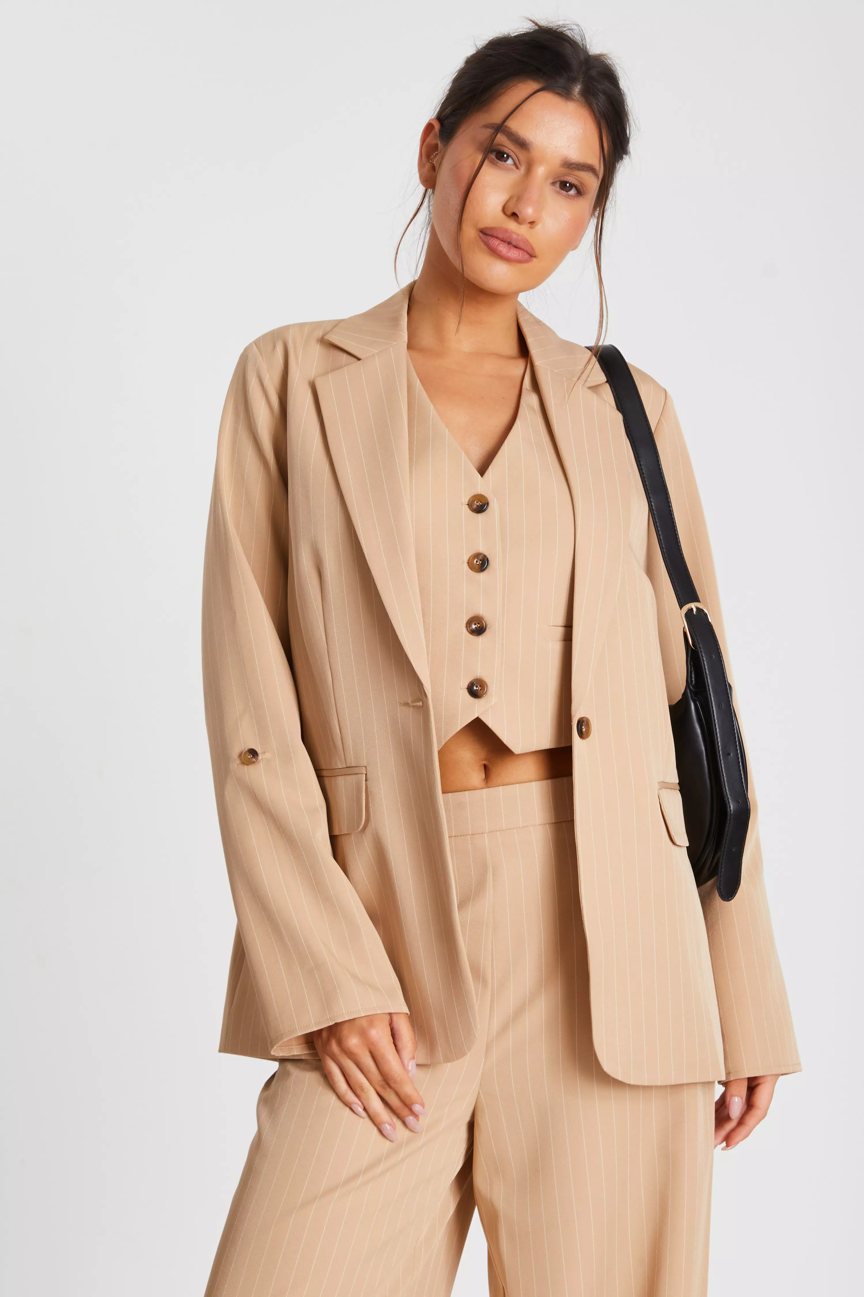 Camel Pinstripe Ruched Sleeve Blazer