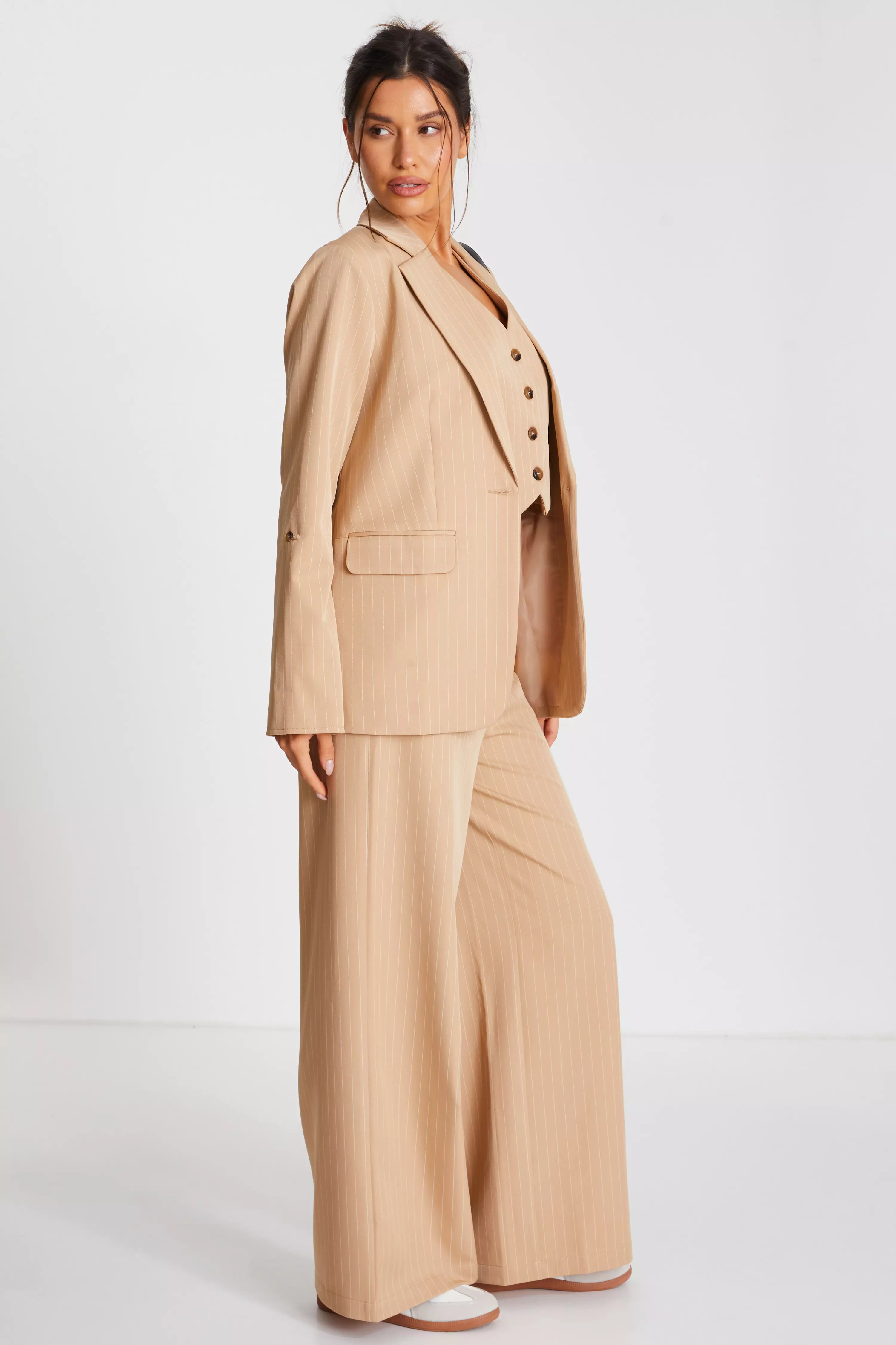 Camel Pinstripe Ruched Sleeve Blazer