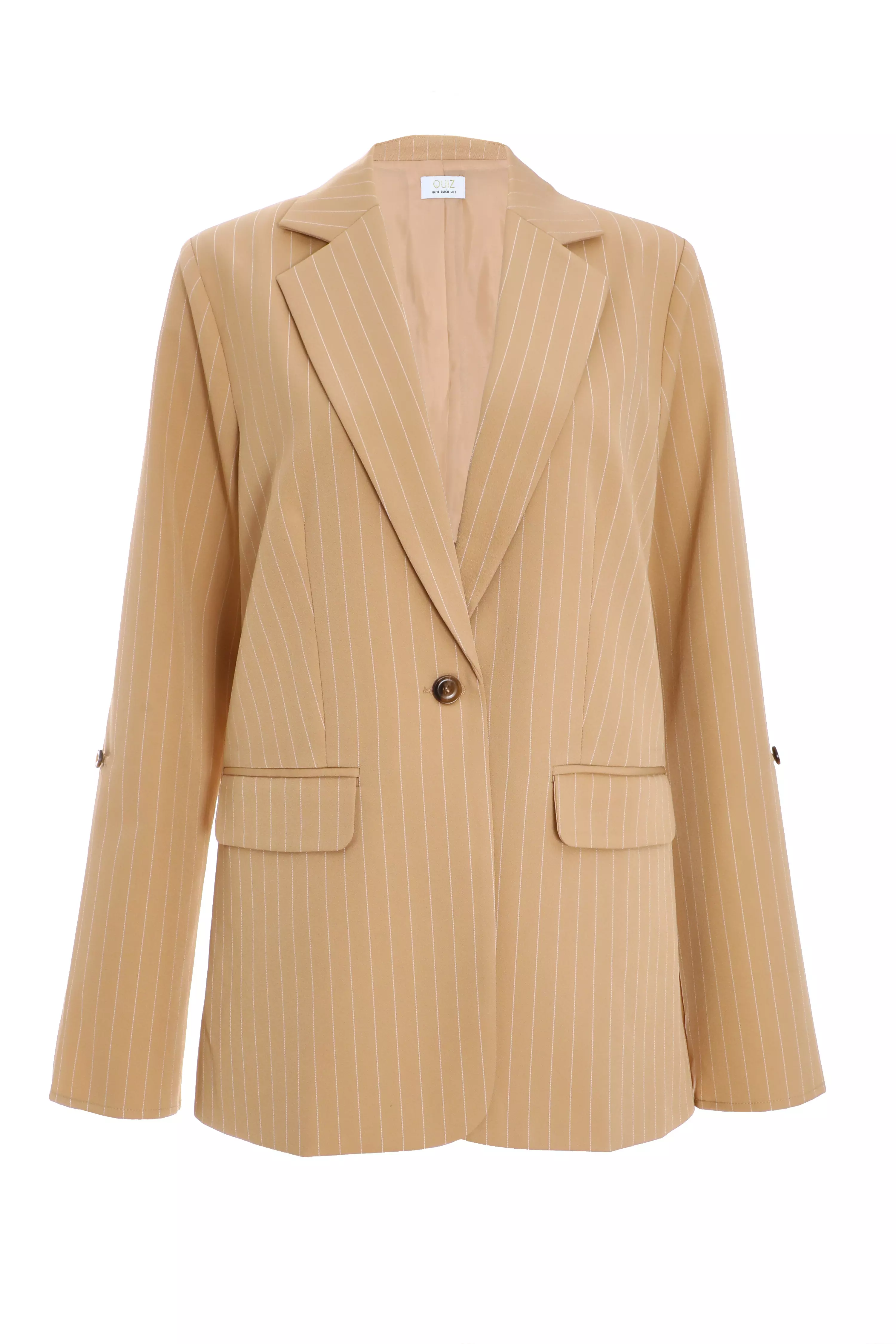 Camel Pinstripe Ruched Sleeve Blazer