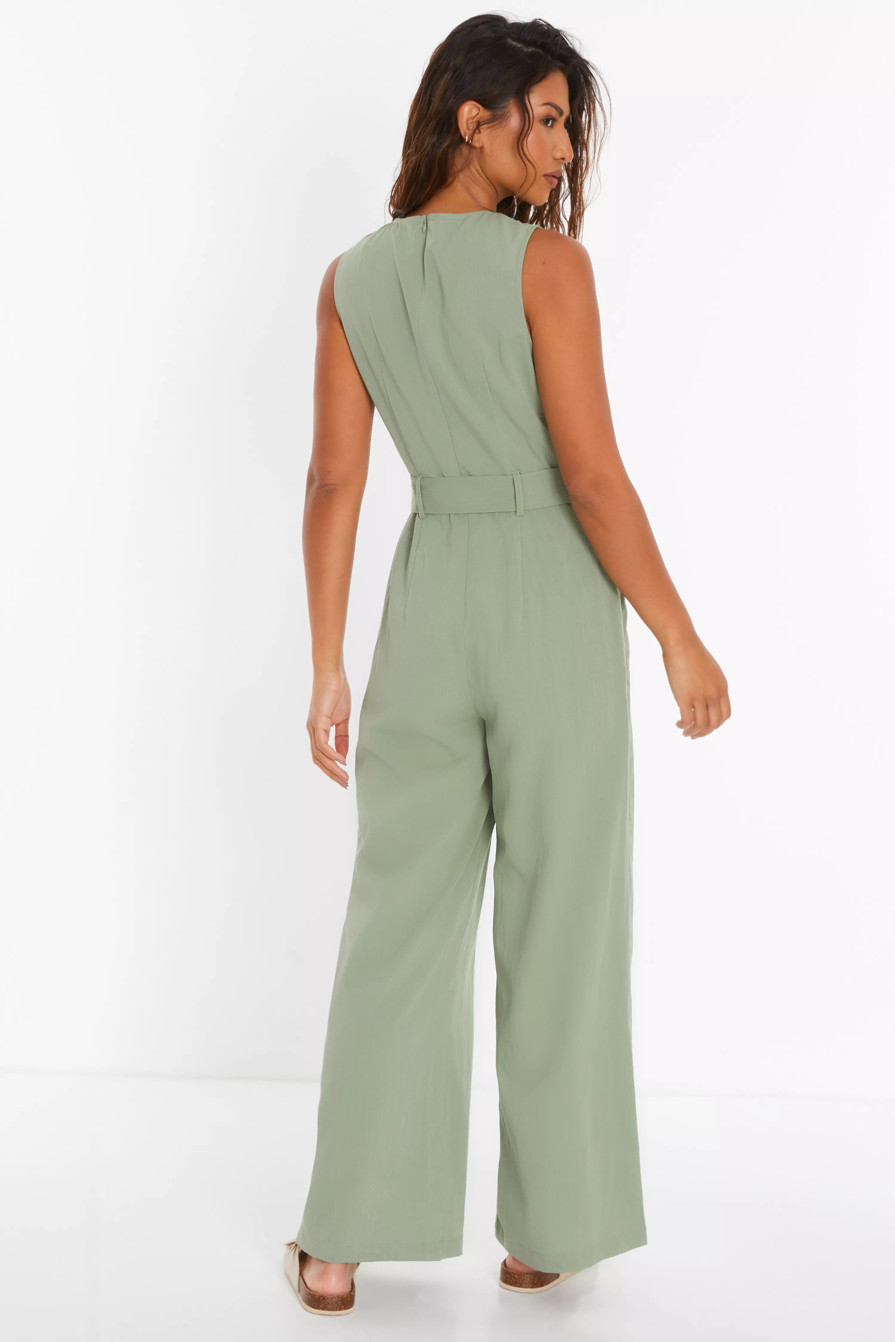 Khaki Linen Look Palazzo Jumpsuit